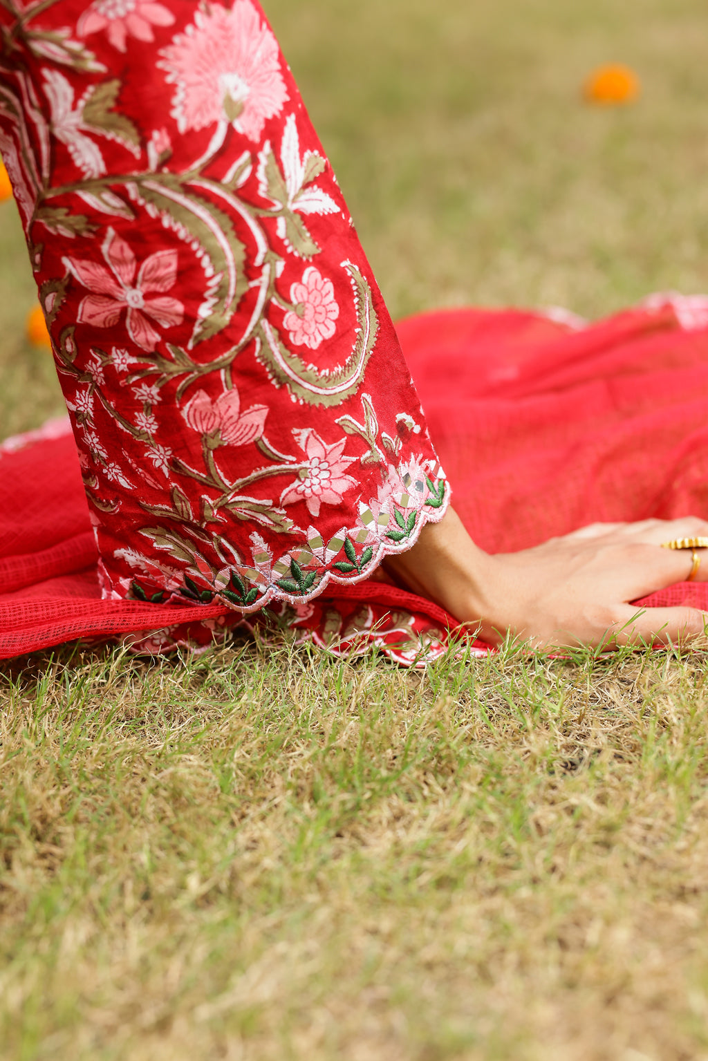 Cherry Red Floral Cotton Handblock Embroidered Kurta Set with Dupatta