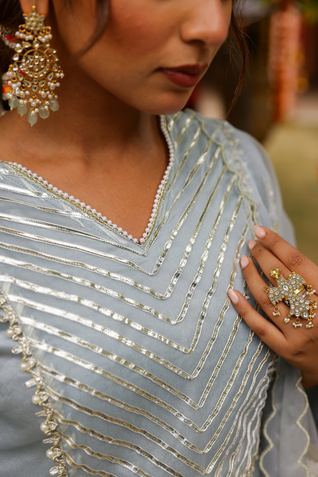 Powder Blue Organza Kurta Set with Intricate Gota Embroidered Dupatta