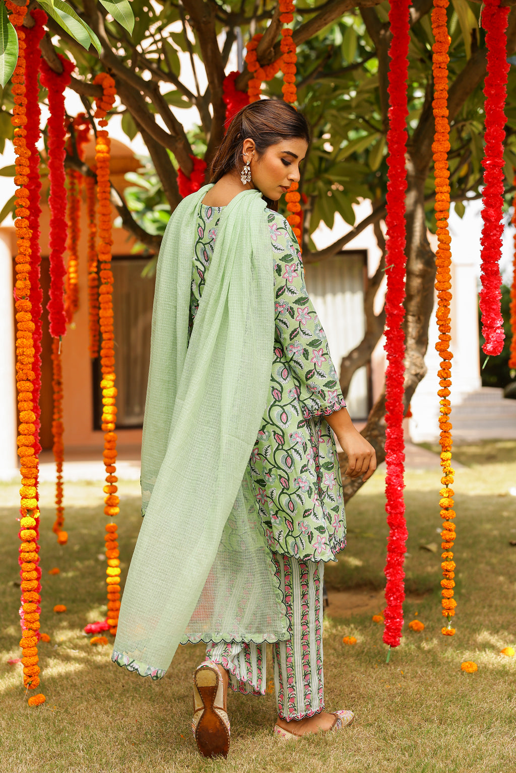 Mint Green Cotton Handblock Embroidered Kurta Set with Dupatta