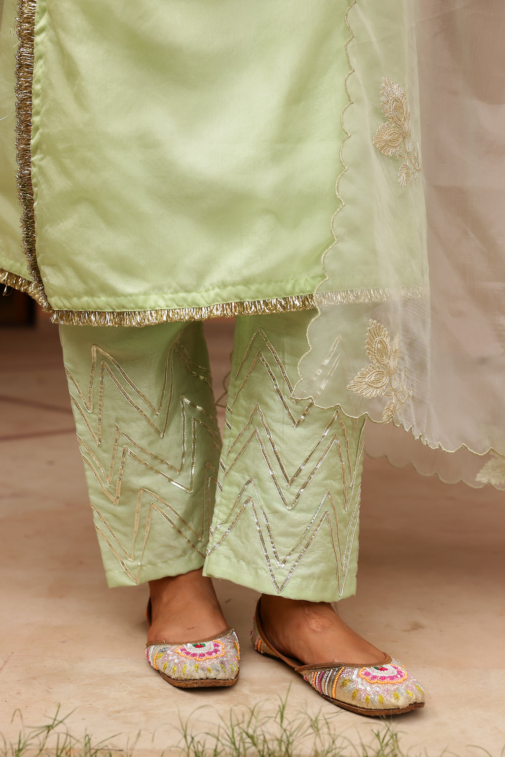 Fresh Mint Radiance Organza Kurta Set with Intricate Gota Embroidered Dupatta