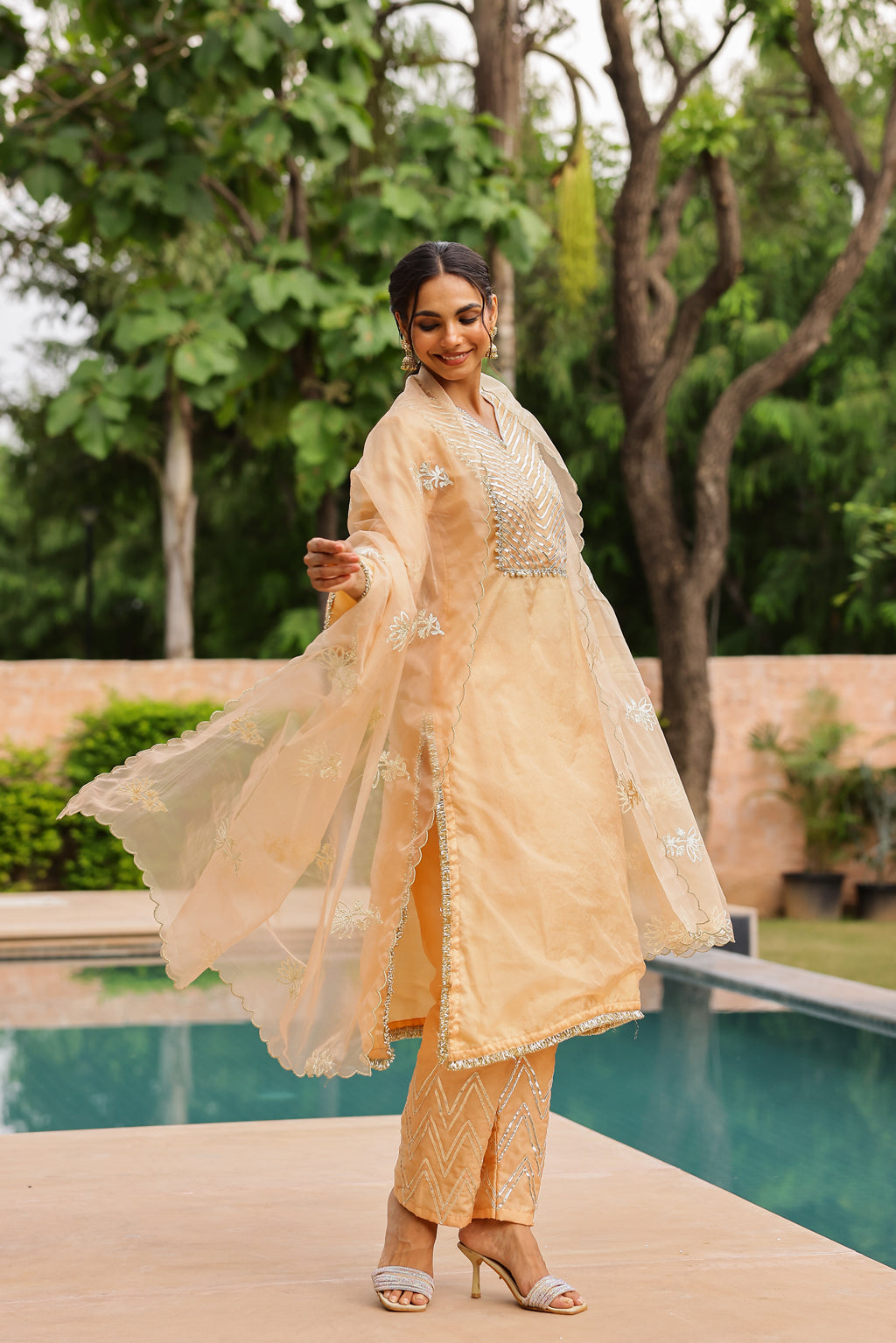 Pastel Peach Organza Kurta Set with Intricate Gota Embroidered Dupatta