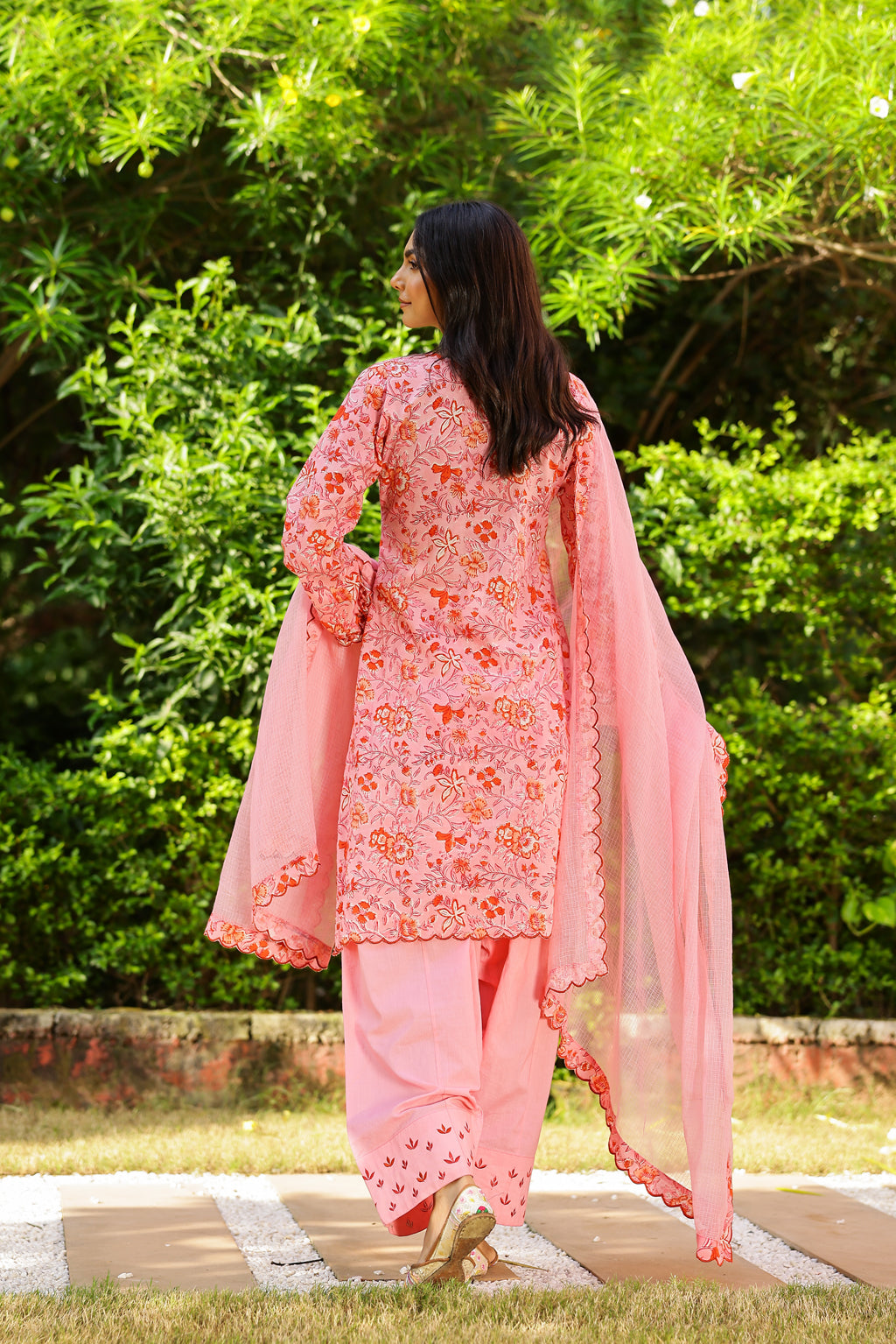 Powder Pink Blossom Cotton Handblock Embroidered Kurta Set with Dupatta