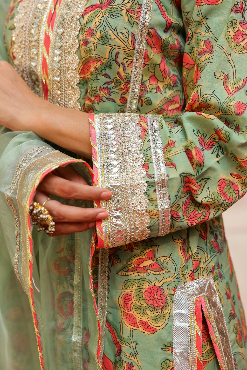 Sage Green Royal Festive Gota Handblock Cotton Suit Set with Dupatta