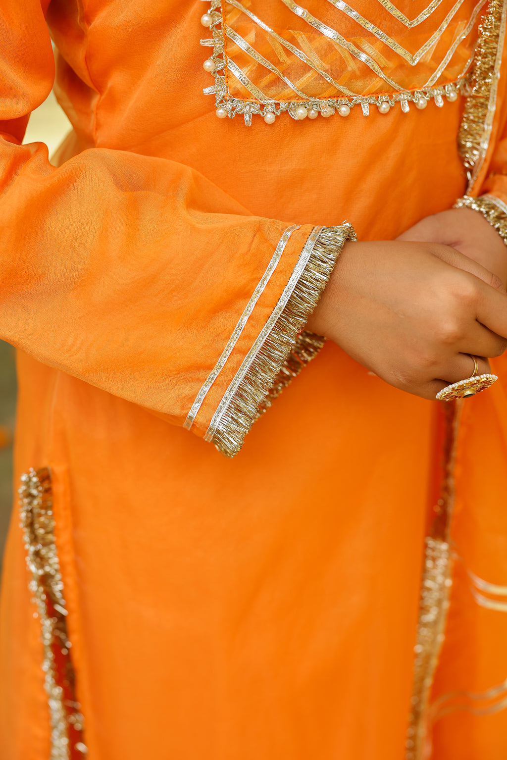 Festive Marigold Organza Kurta Set with Gota Work and Dupatta