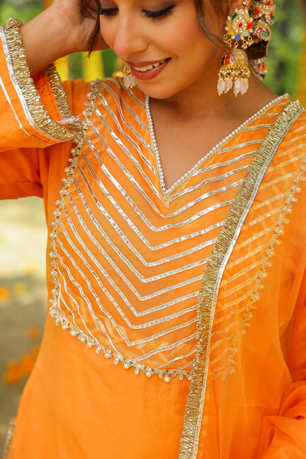 Festive Marigold Organza Kurta Set with Gota Work and Dupatta