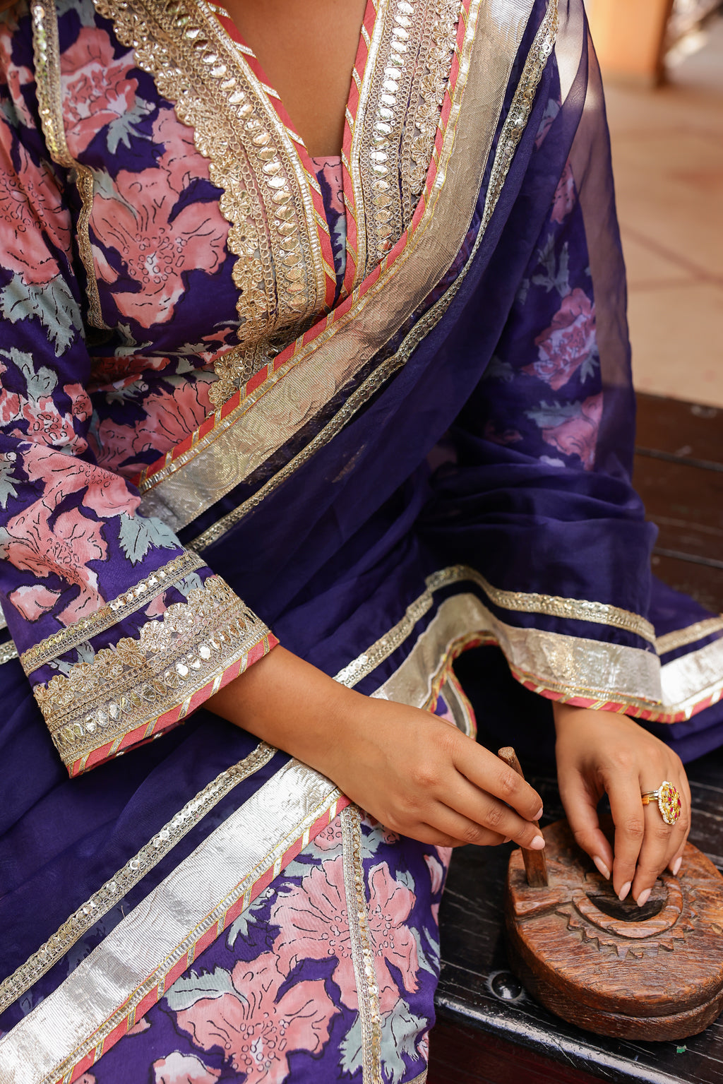Indigo Radiance Festive Gota Handblock Cotton Suit Set with Dupatta