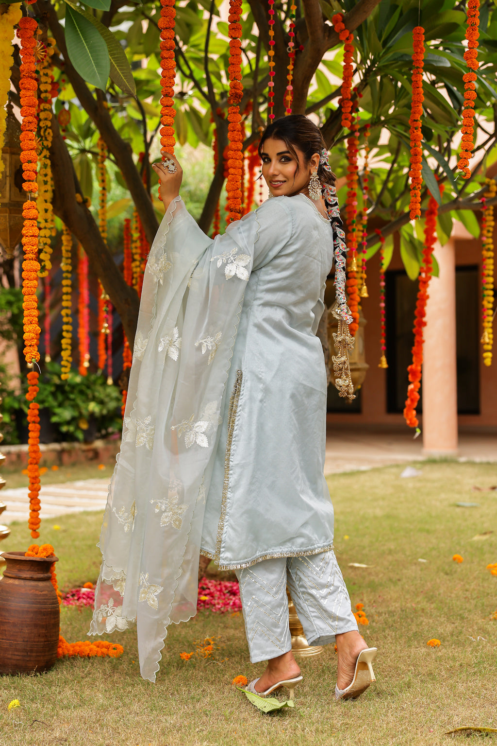 Powder Blue Organza Kurta Set with Intricate Gota Embroidered Dupatta