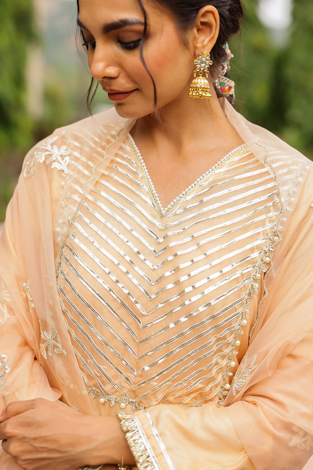 Pastel Peach Organza Kurta Set with Intricate Gota Embroidered Dupatta
