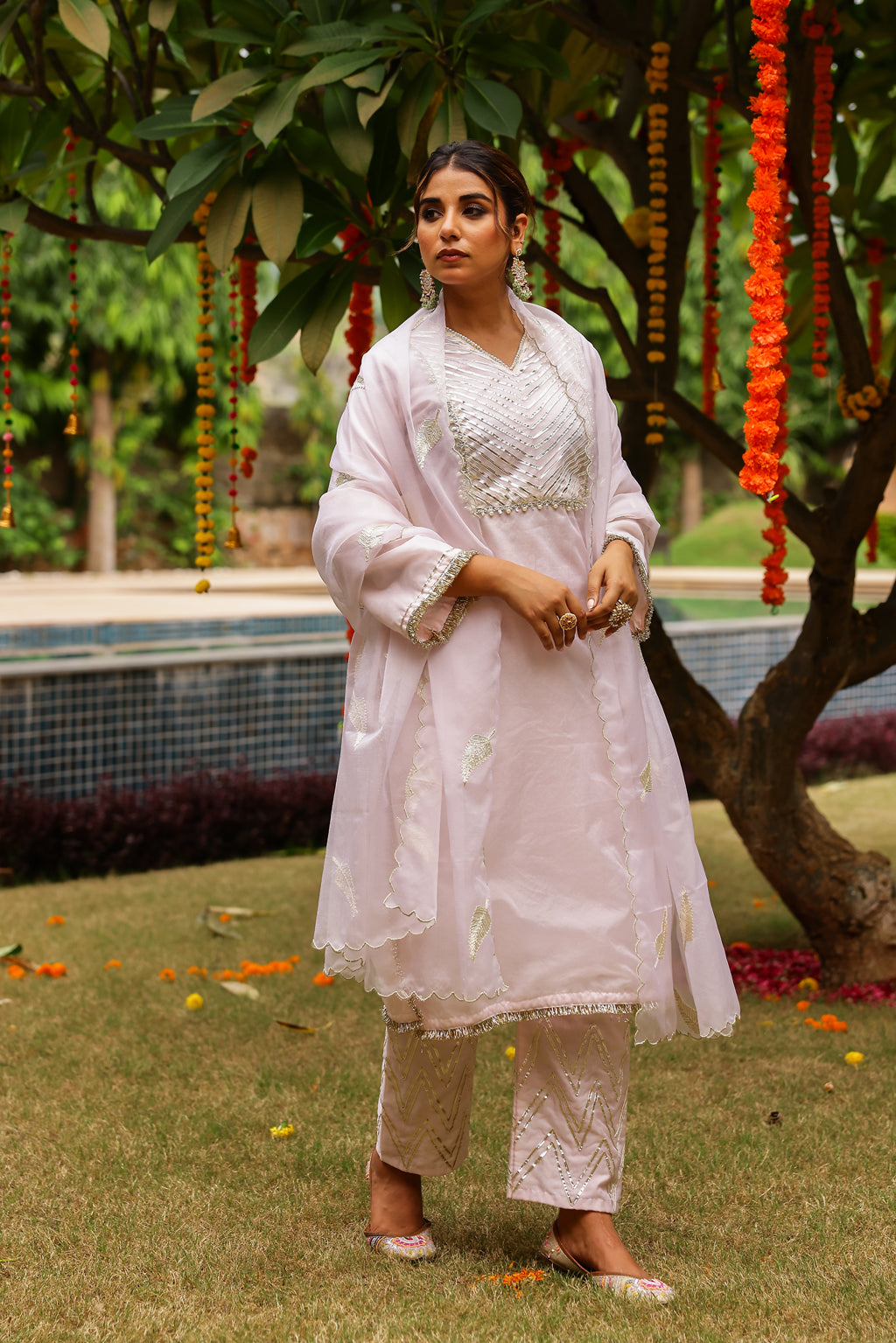 Pastel Bloom Pink Organza Kurta Set with Intricate Gota Embroidered Dupatta