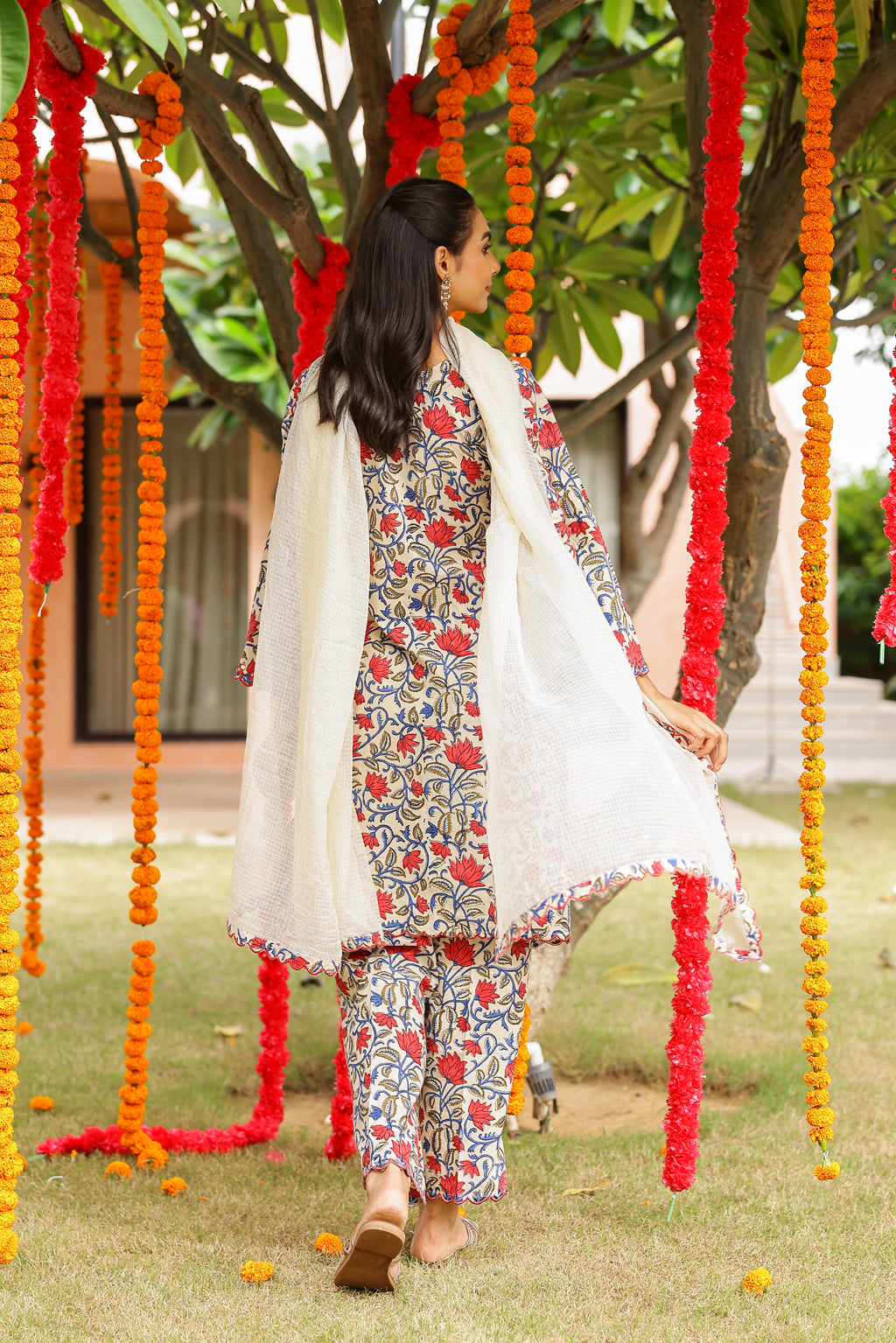 Cream Pink Floral Cotton Handblock Embroidered Kurta Set with Dupatta