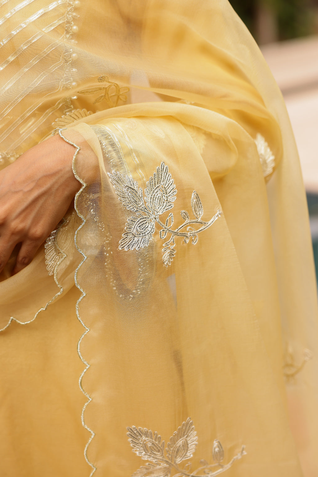 Beige Golden Organza Kurta Set with Intricate Gota Embroidered Dupatta