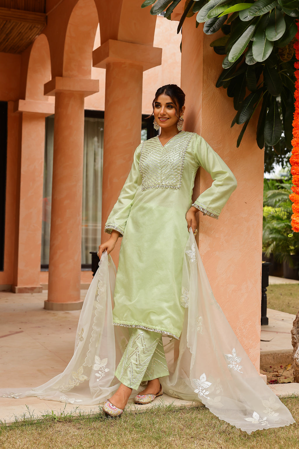 Fresh Mint Radiance Organza Kurta Set with Intricate Gota Embroidered Dupatta