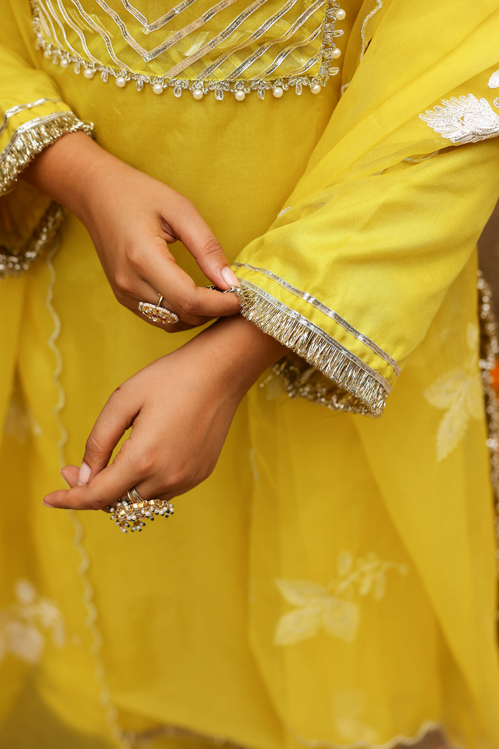 Golden Lime Organza Kurta Set with Intricate Gota Embroidered Dupatta