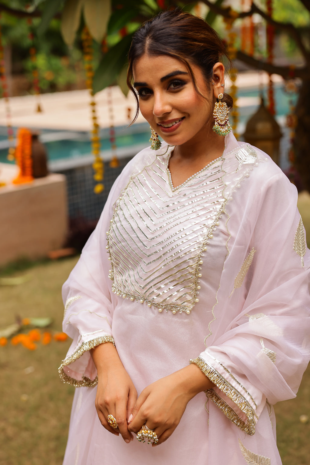 Pastel Bloom Pink Organza Kurta Set with Intricate Gota Embroidered Dupatta