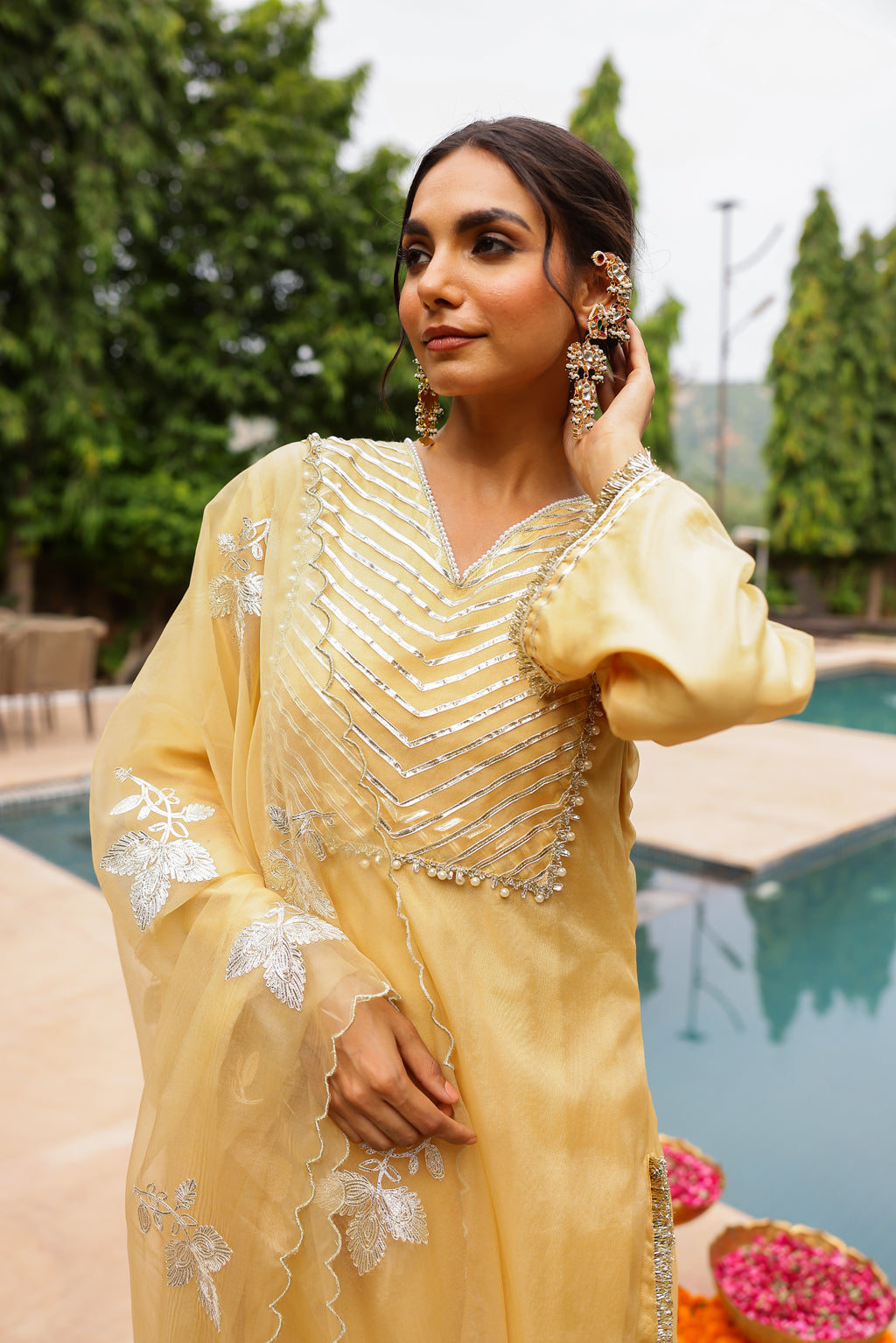 Beige Golden Organza Kurta Set with Intricate Gota Embroidered Dupatta