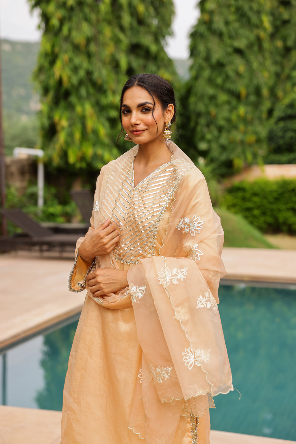 Pastel Peach Organza Kurta Set with Intricate Gota Embroidered Dupatta