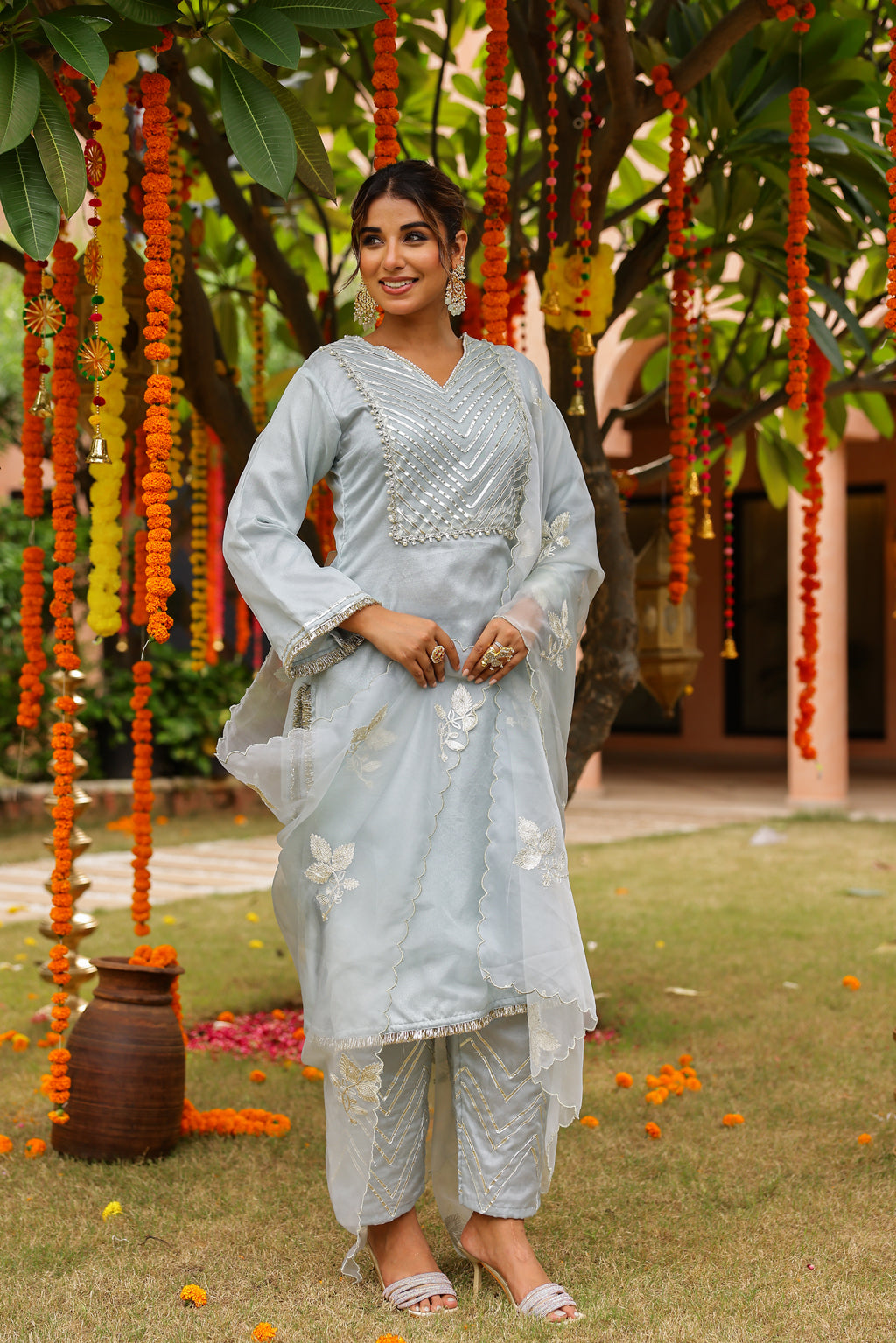 Powder Blue Organza Kurta Set with Intricate Gota Embroidered Dupatta