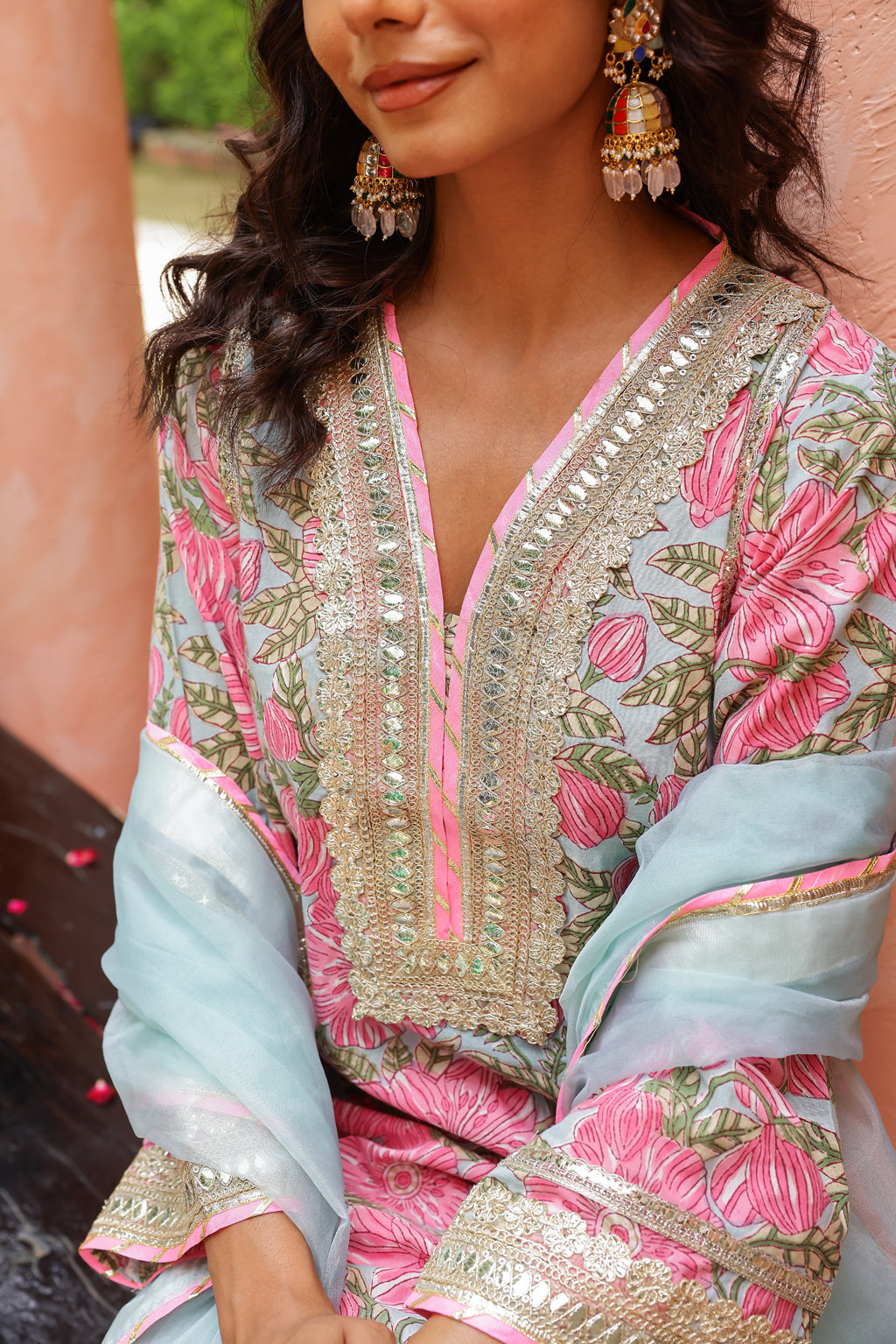 Pastel Blue & Pink Elegance Gota Handblock Cotton Suit Set with Dupatta