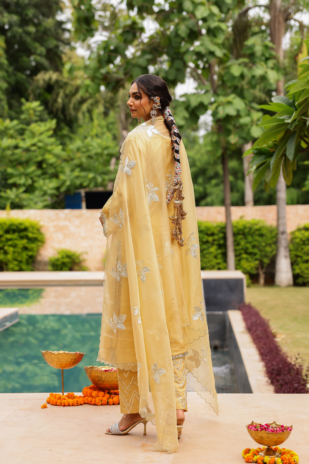 Beige Golden Organza Kurta Set with Intricate Gota Embroidered Dupatta