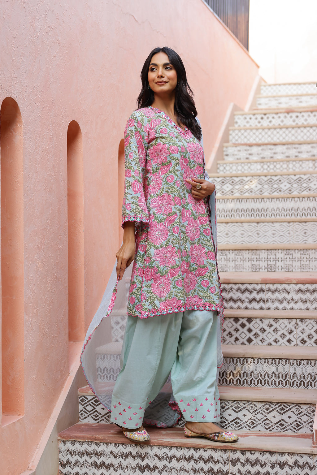 Powder Blue & Rose Glow Cotton Handblock Embroidered Kurta Set with Dupatta