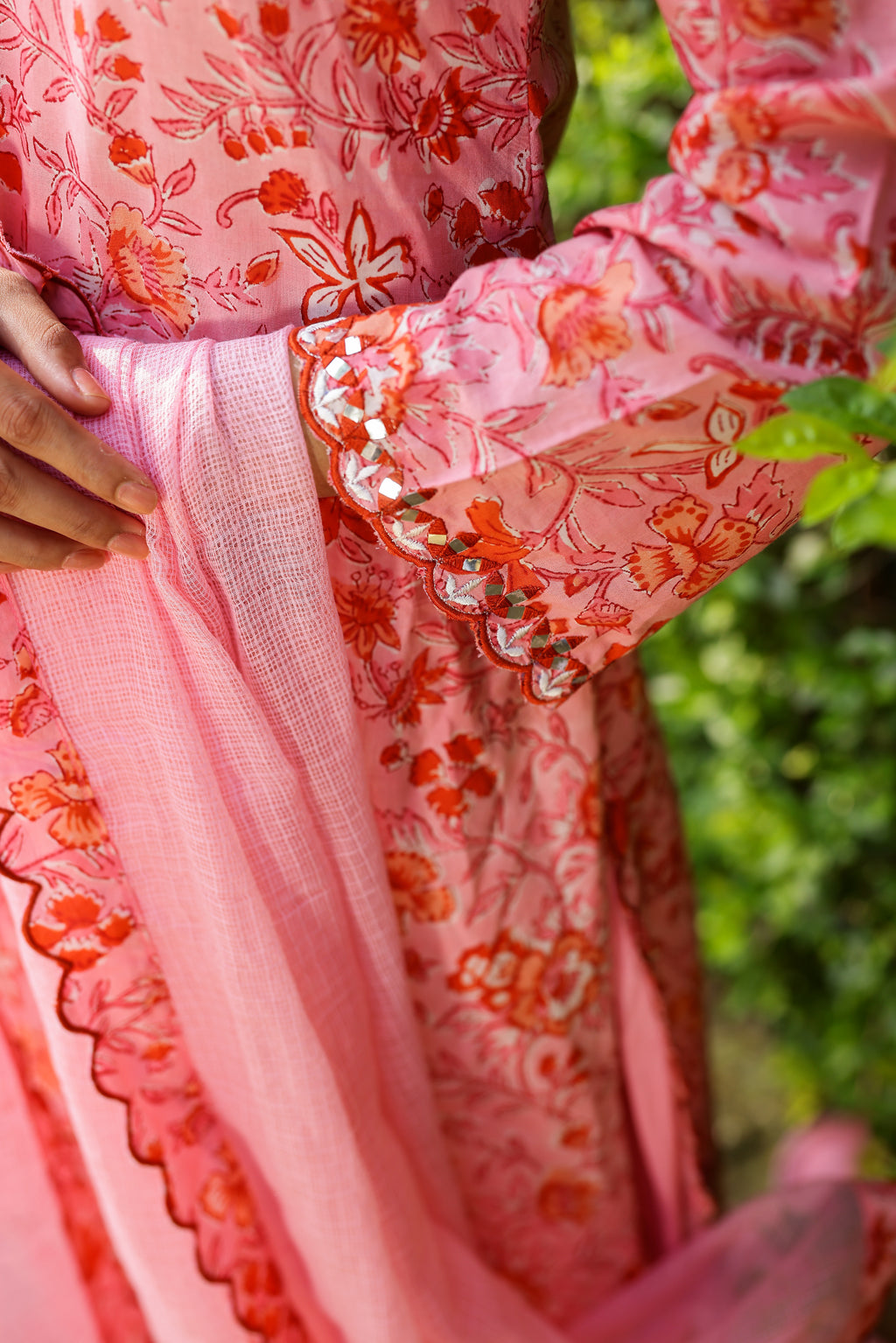Powder Pink Blossom Cotton Handblock Embroidered Kurta Set with Dupatta