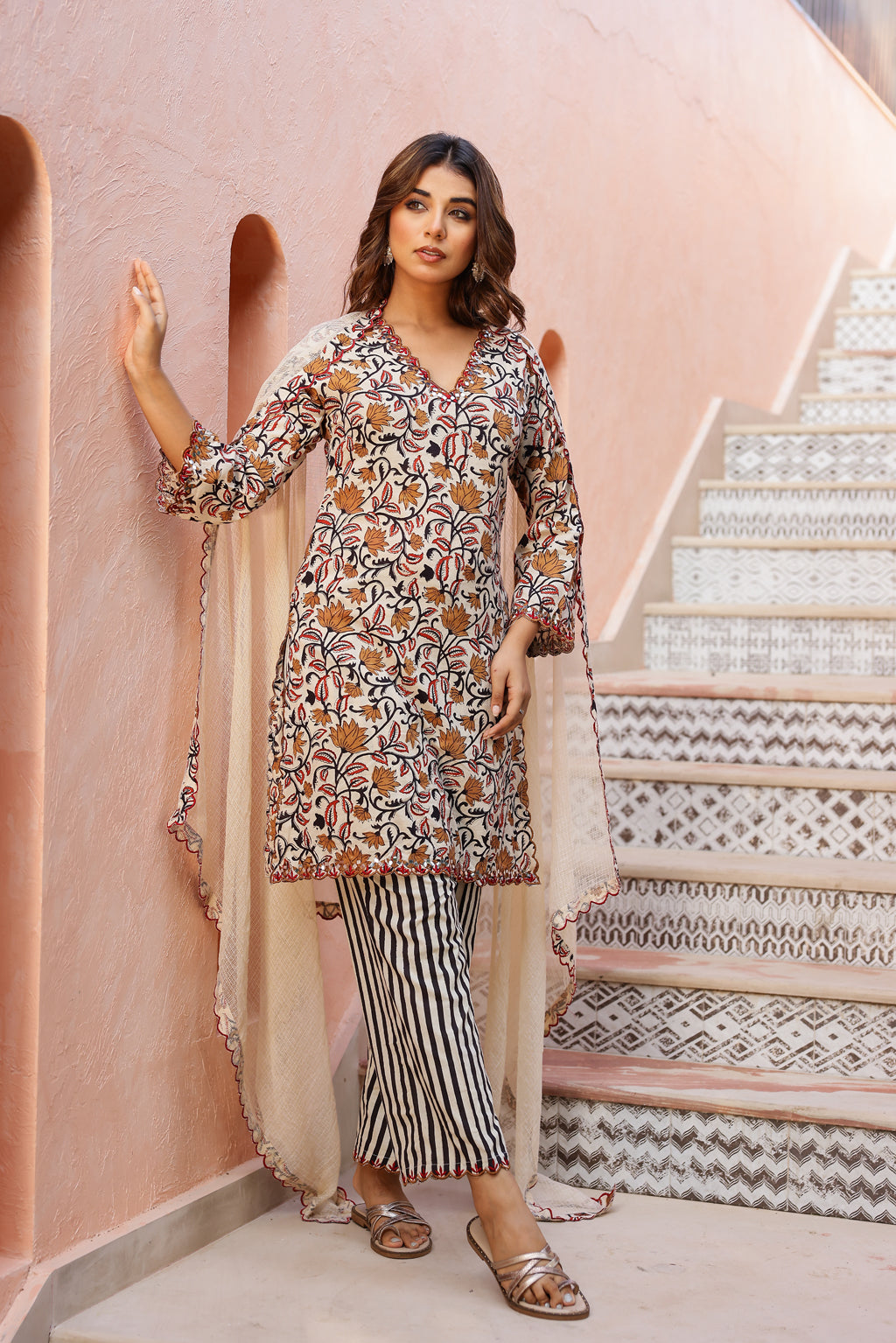 Ivory Floral Cotton Handblock Embroidered Kurta Set with Dupatta