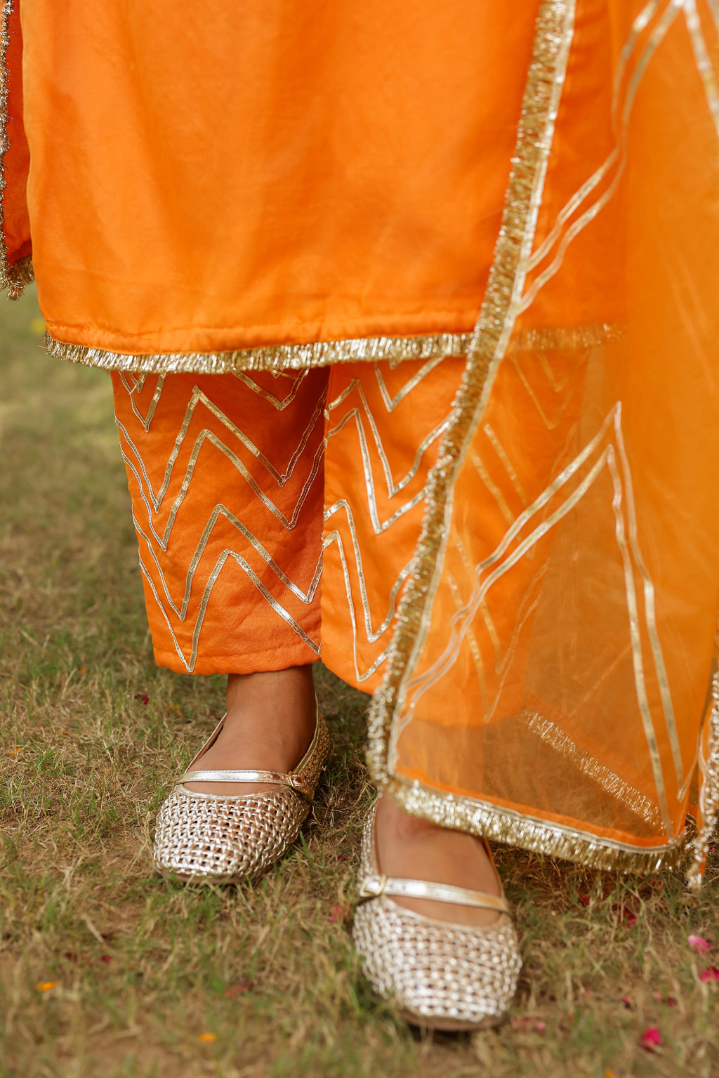 Festive Marigold Organza Kurta Set with Gota Work and Dupatta
