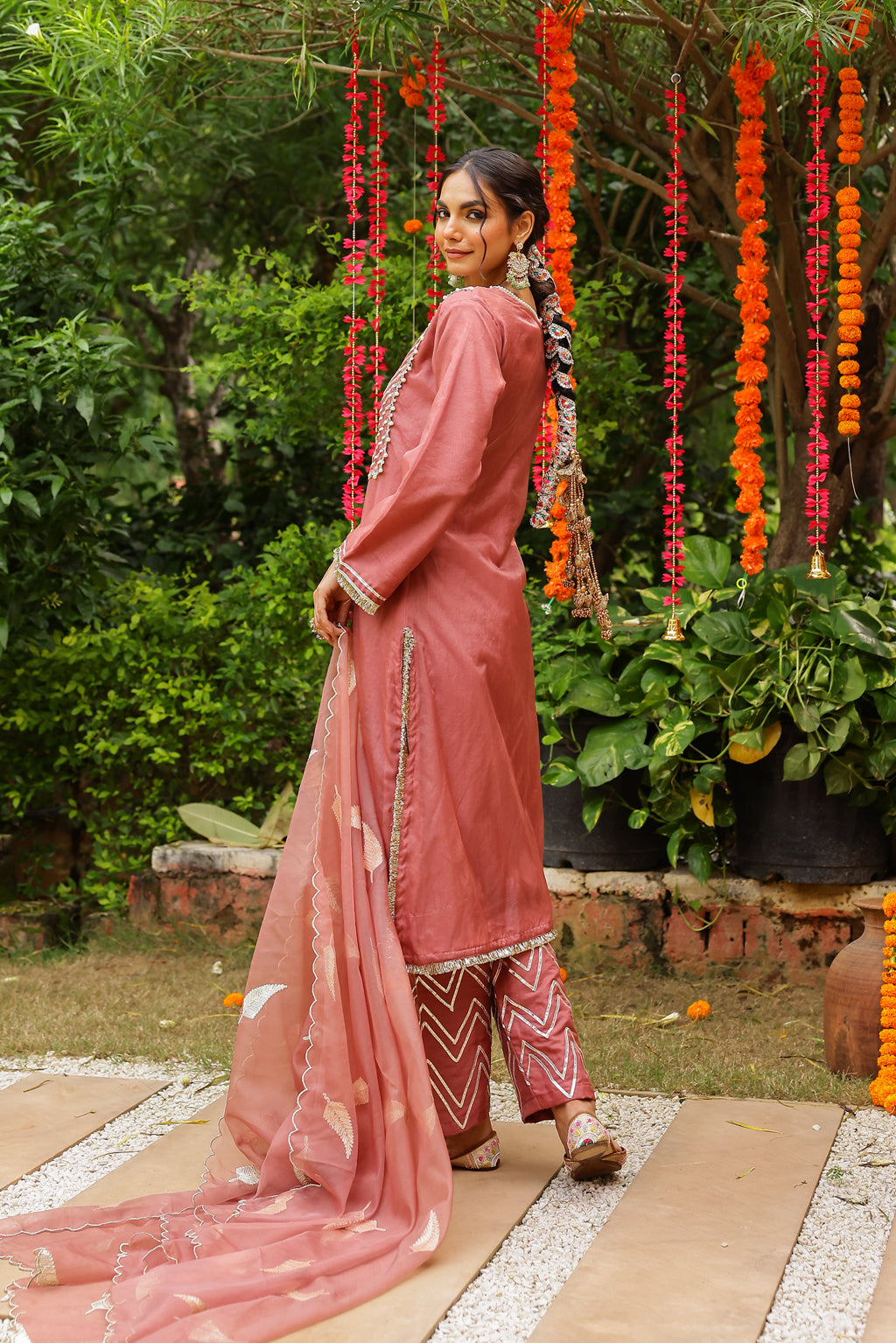 Mulberry Blush Organza Kurta Set with Intricate Gota Embroidered Dupatta