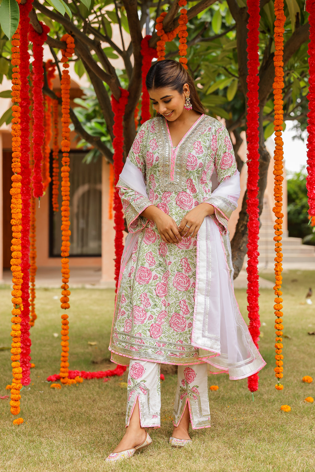 Blush Floral Elegance Gota Handblock Cotton Suit Set with Dupatta