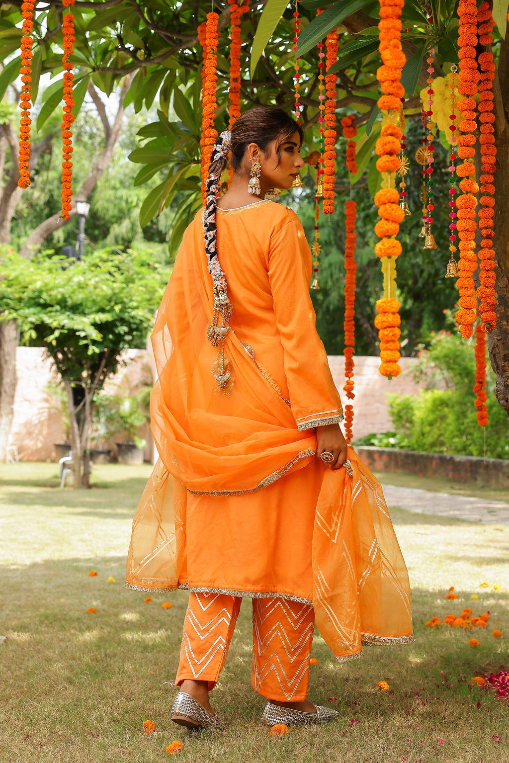 Festive Marigold Organza Kurta Set with Gota Work and Dupatta