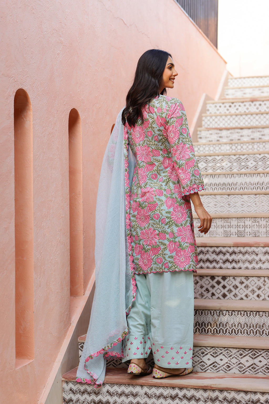 Powder Blue & Rose Glow Cotton Handblock Embroidered Kurta Set with Dupatta