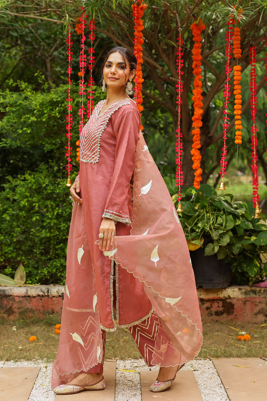 Mulberry Blush Organza Kurta Set with Intricate Gota Embroidered Dupatta