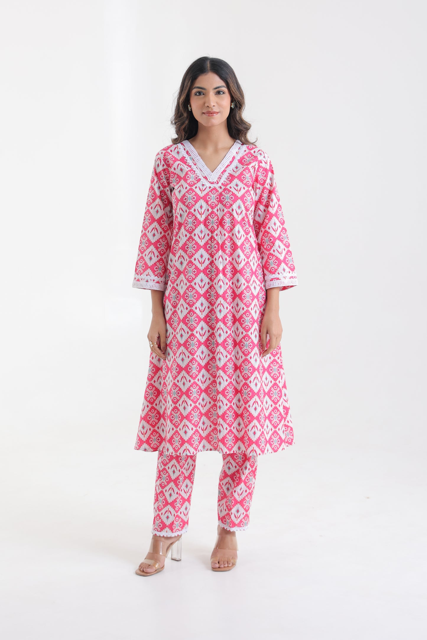 COTTON IKKAT V-NECK LACE DETAILED KURTA SET IN CANDY PINK