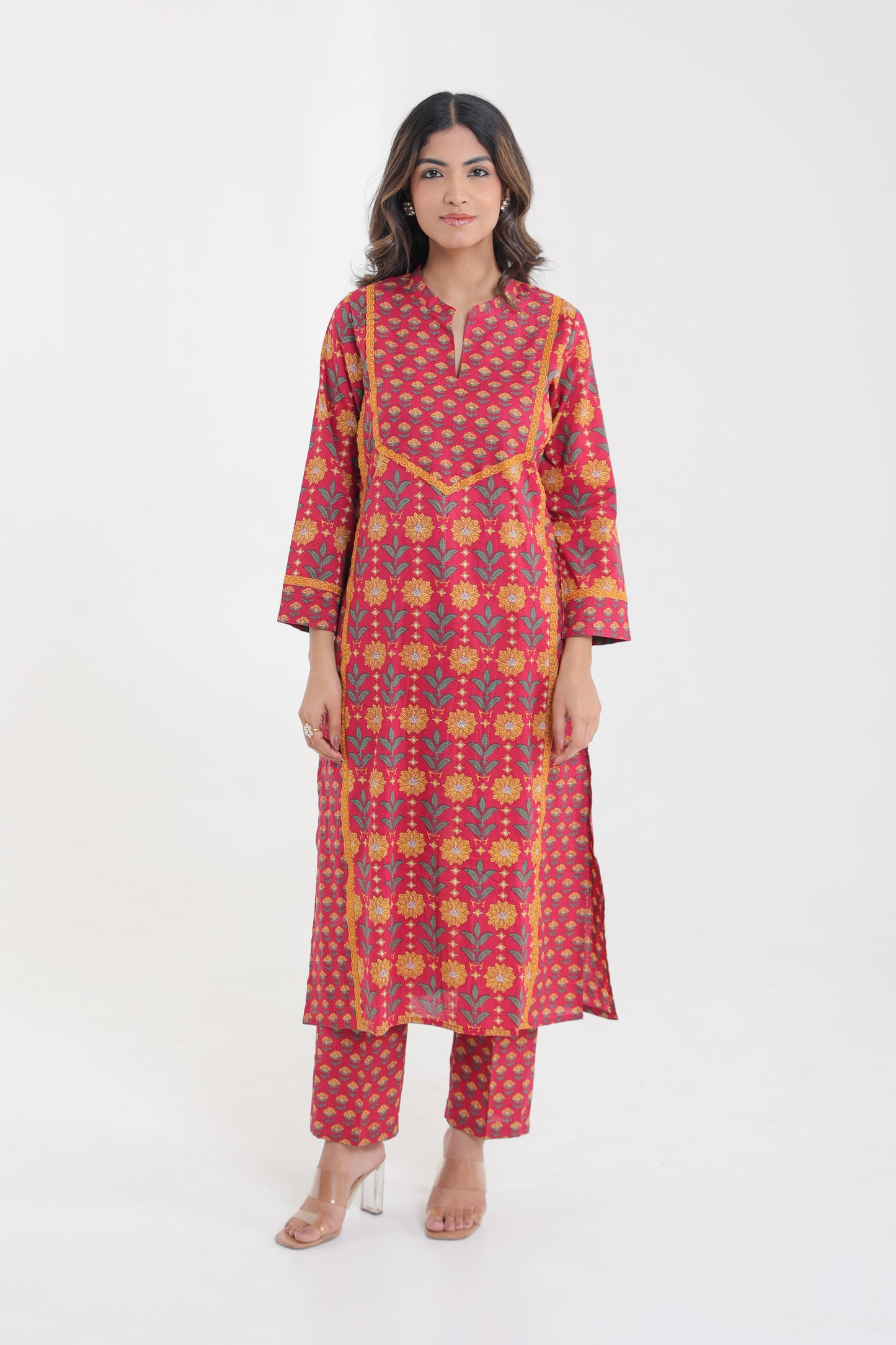 COTTON MARIGOLD PRINT KURTA SET IN CHERRY RED WITH FLORAL LACE YOKE