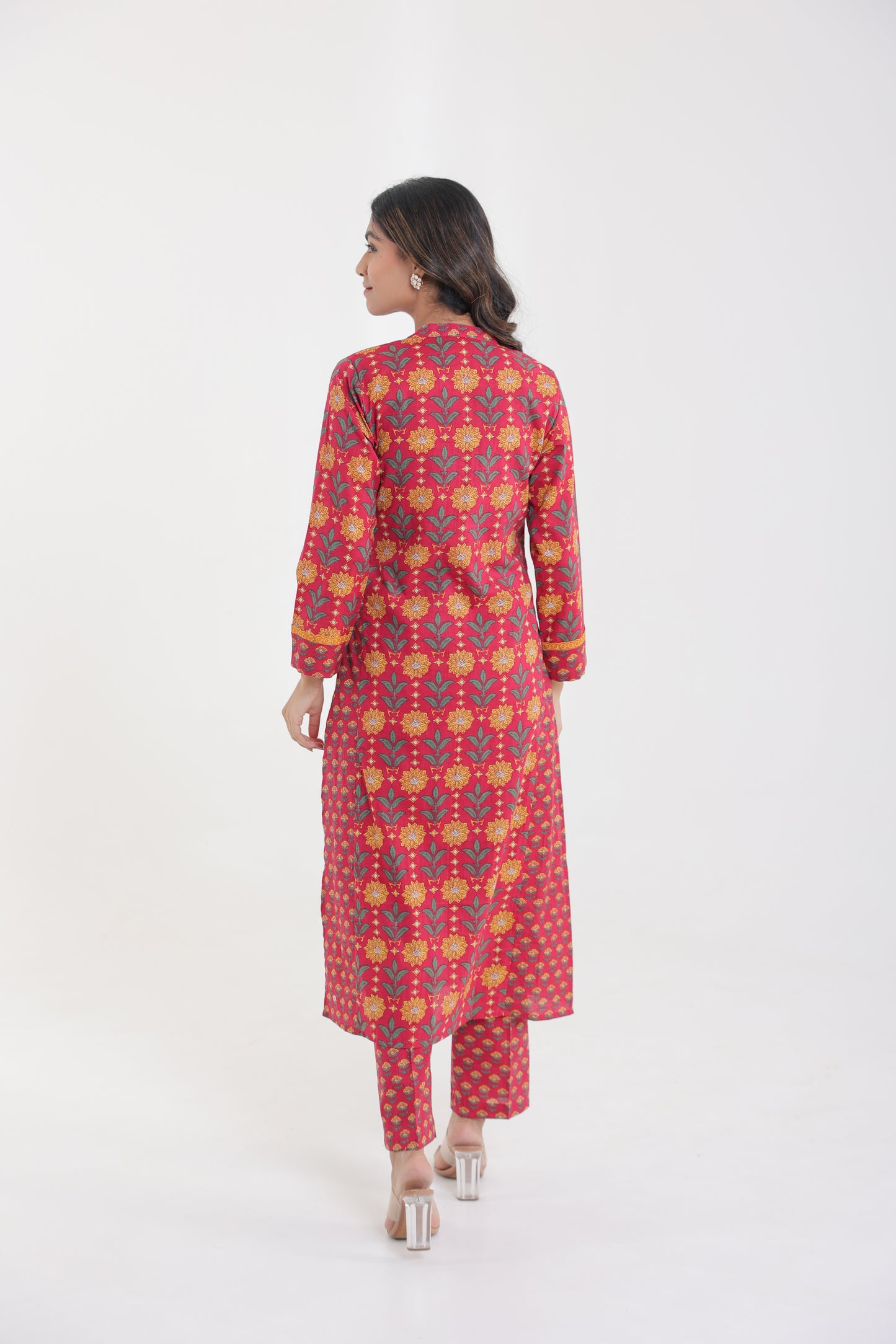 COTTON MARIGOLD PRINT KURTA SET IN CHERRY RED WITH FLORAL LACE YOKE