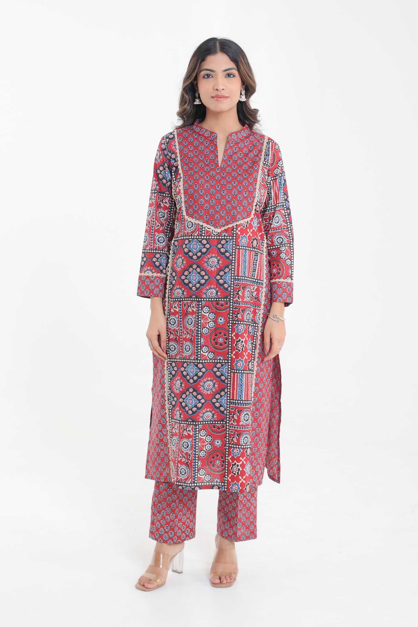 COTTON MANDALA FLORAL MOTIFS WITH LACE YOKE KURTA SET IN CRIMSON RED