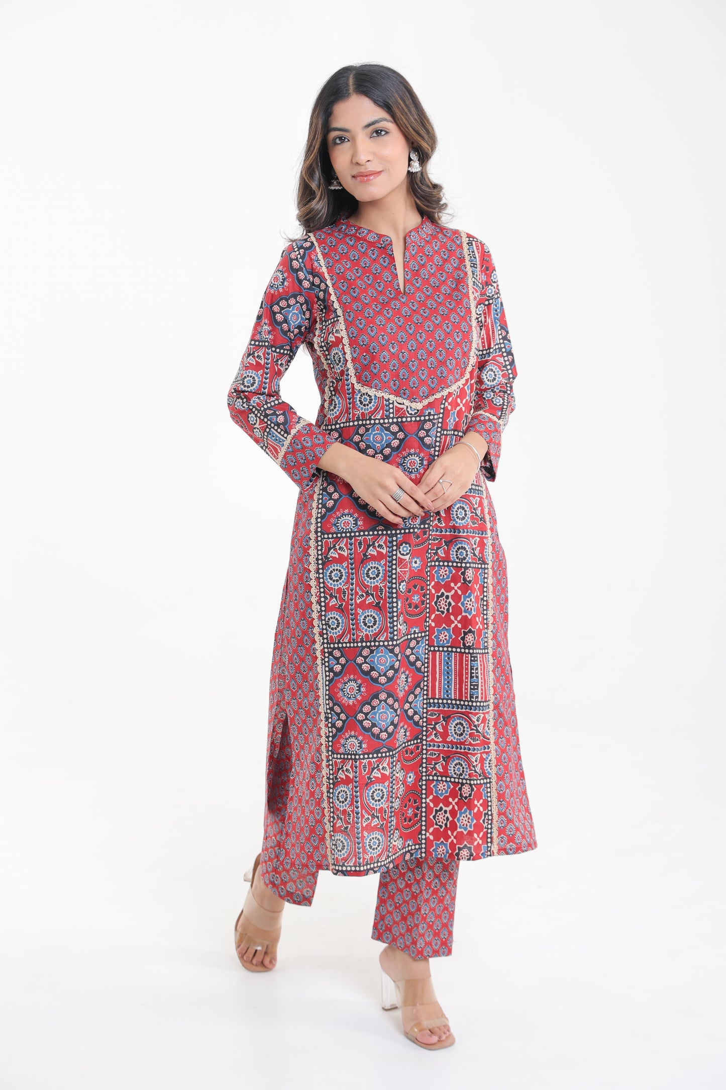 COTTON MANDALA FLORAL MOTIFS WITH LACE YOKE KURTA SET IN CRIMSON RED