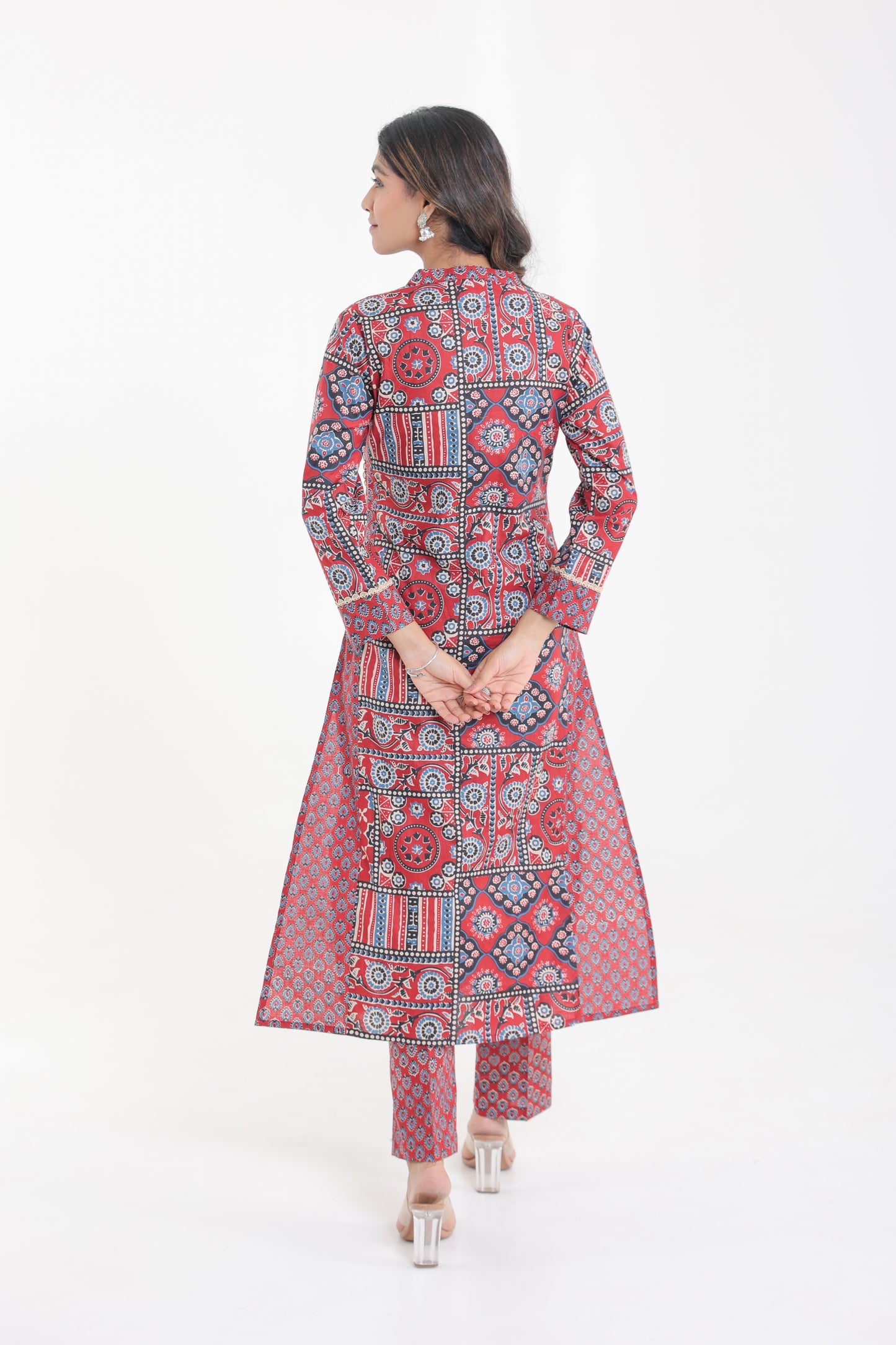 COTTON MANDALA FLORAL MOTIFS WITH LACE YOKE KURTA SET IN CRIMSON RED