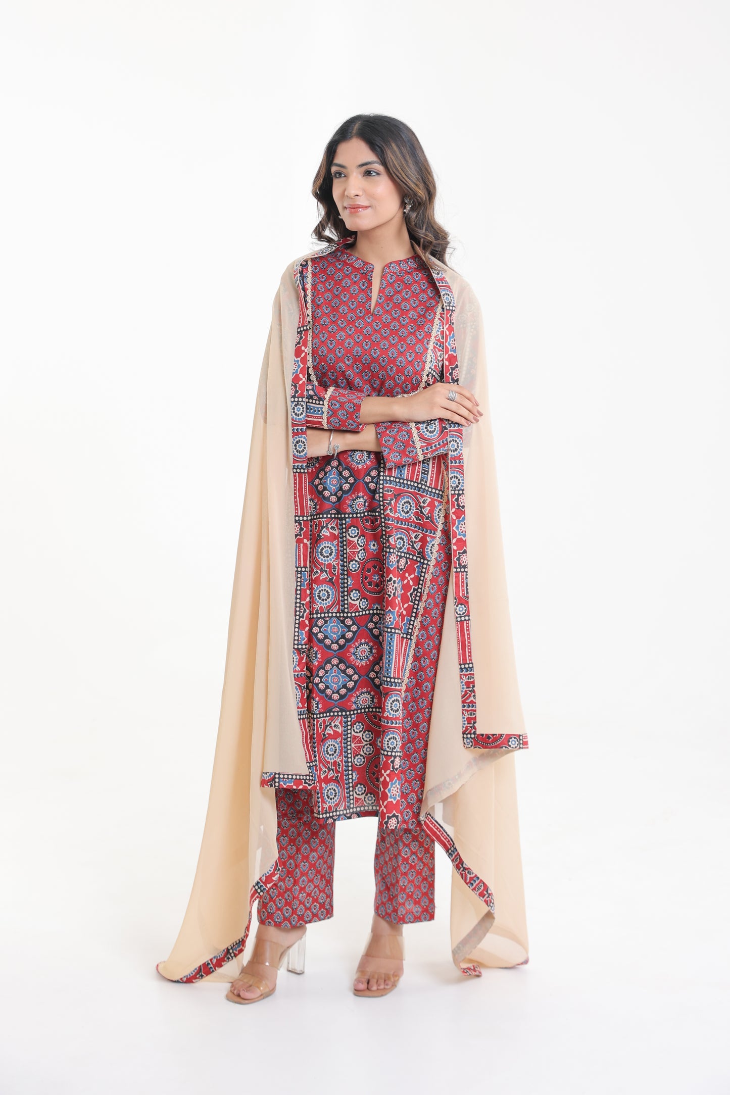 COTTON MANDALA FLORAL MOTIFS WITH LACE YOKE KURTA SET IN CRIMSON RED