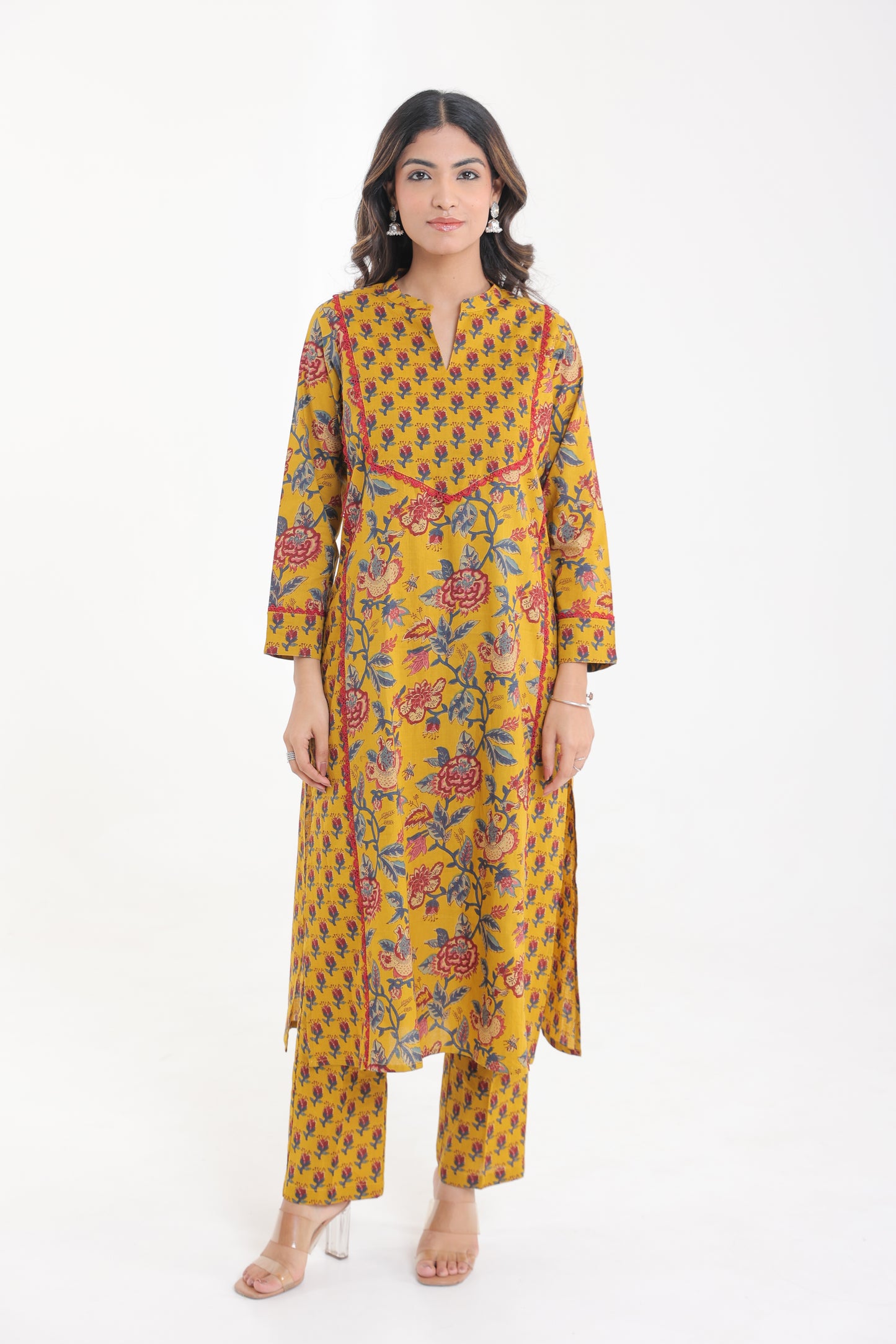 COTTON VINTAGE FLORAL MOTIF WITH LACE YOKE KURTA SET IN MUSTARD YELLOW