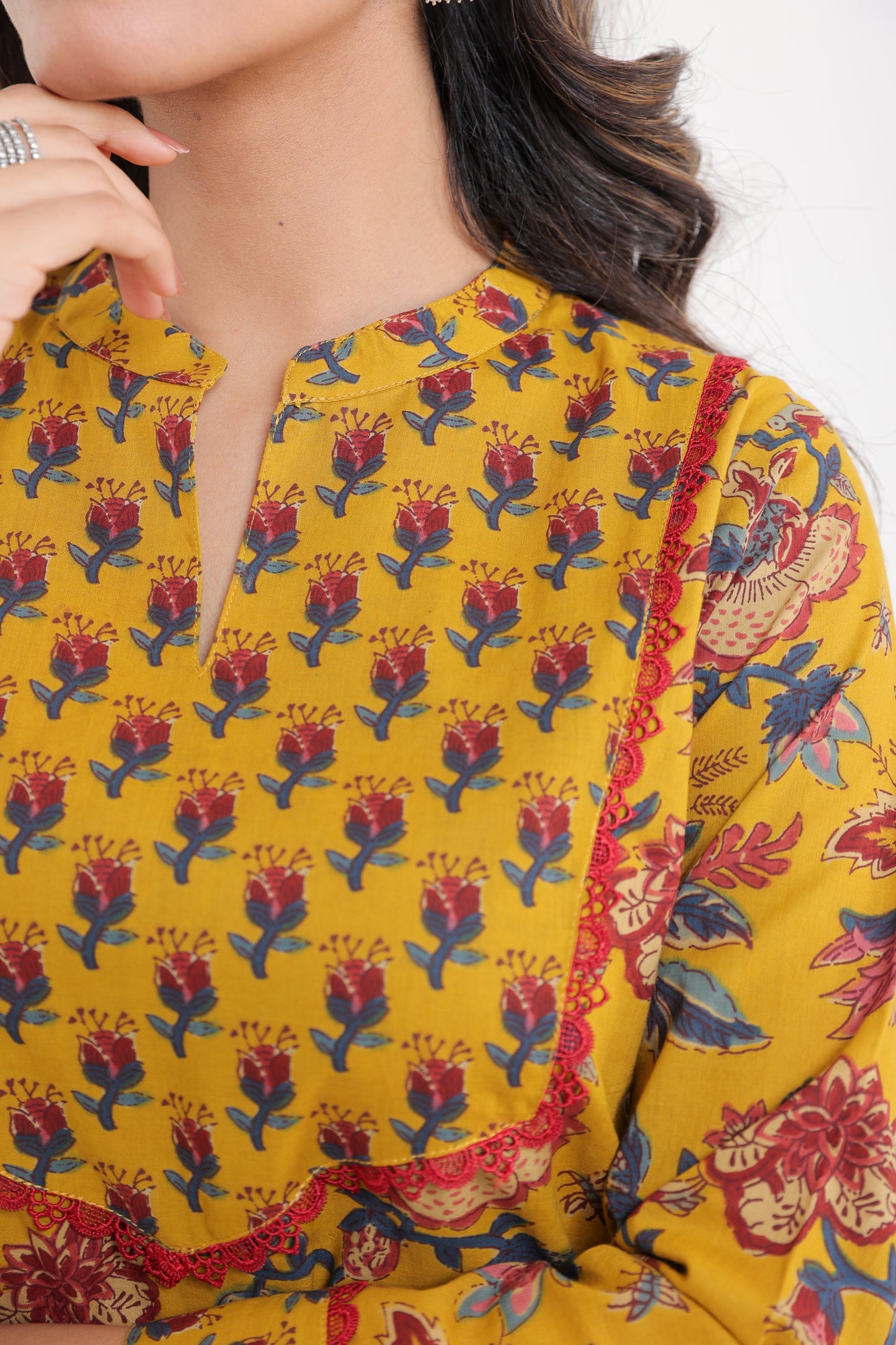 COTTON VINTAGE FLORAL MOTIF WITH LACE YOKE KURTA SET IN MUSTARD YELLOW
