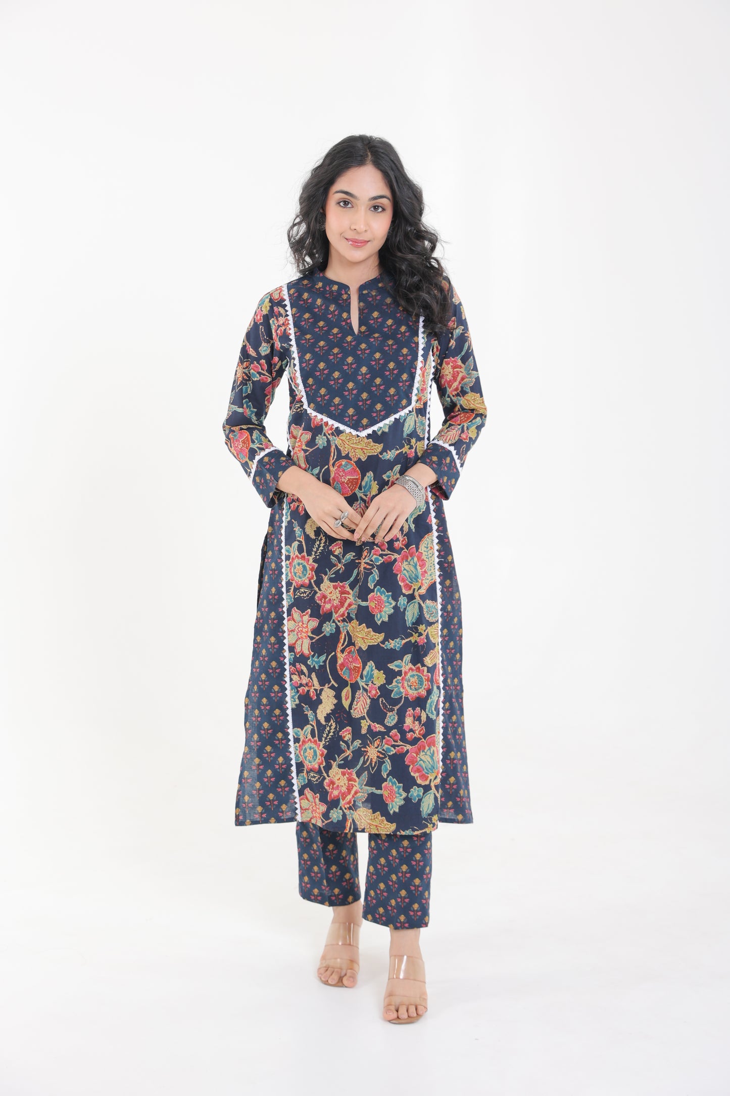 COTTON RETRO FLORAL MOTIFS WITH LACE YOKE KURTA SET IN NAVY BLUE