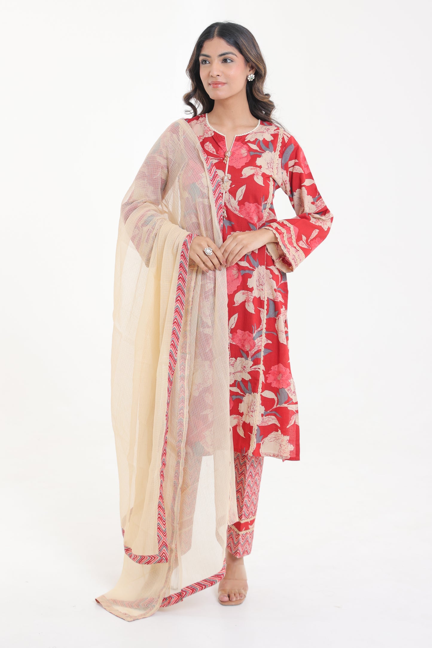 COTTON VINTAGE FLORAL MOTIFS WITH LACE GOLDEN BUTTON KURTA SET IN CRIMSON RED