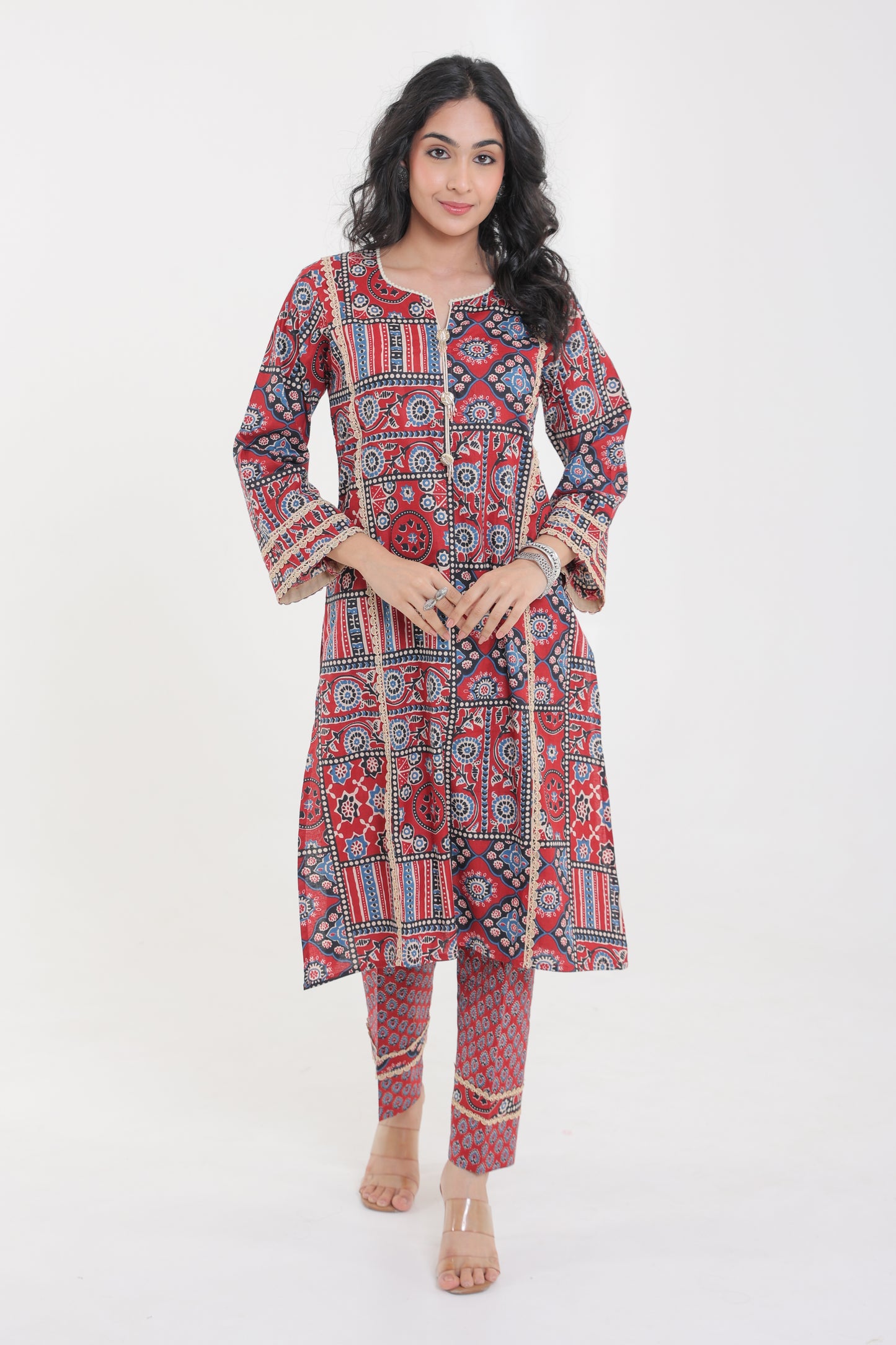 COTTON MANDALA FLORAL MOTIFS WITH LACE GOLDEN BUTTON KURTA SET IN CRIMSON RED
