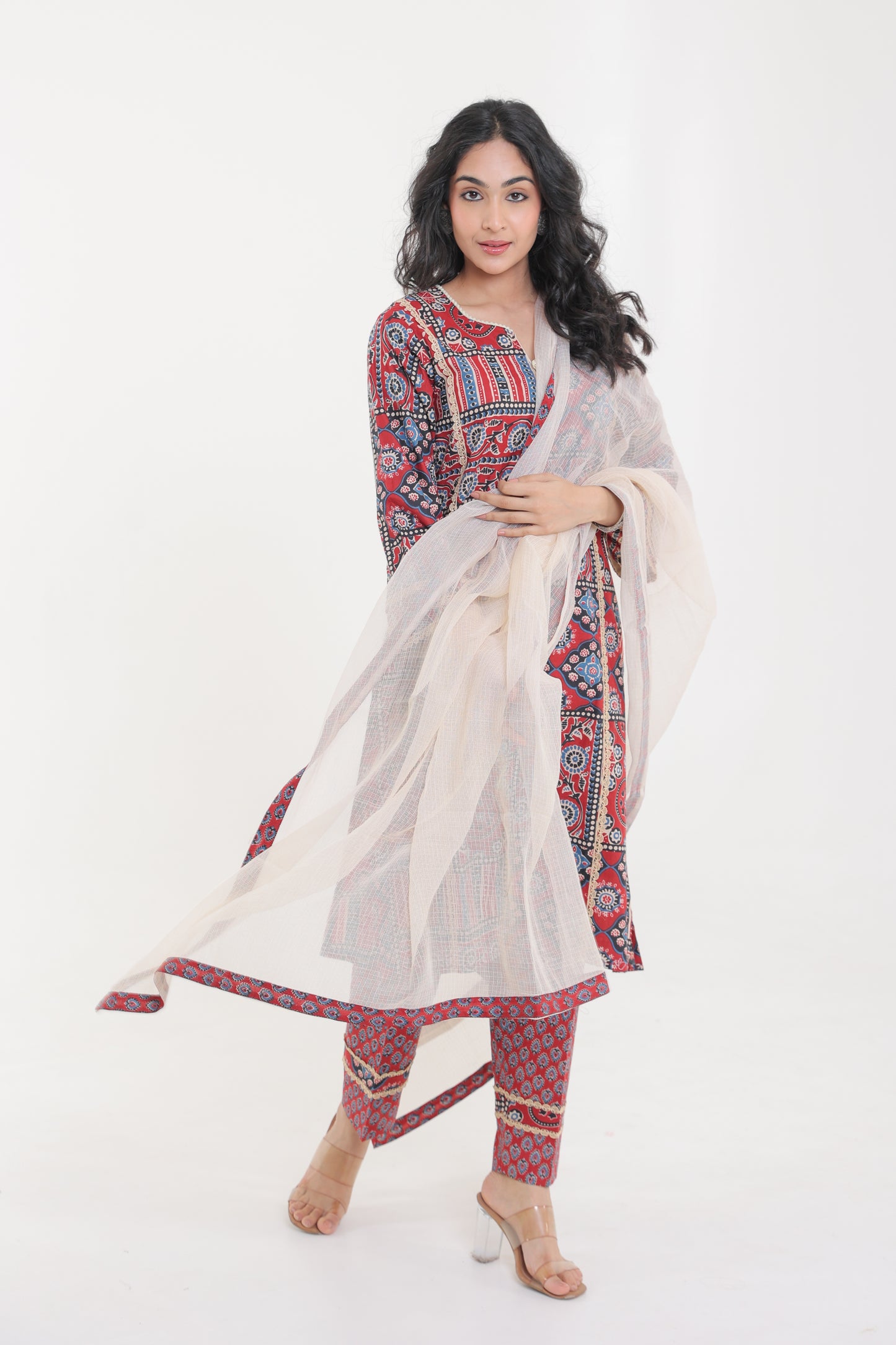 COTTON MANDALA FLORAL MOTIFS WITH LACE GOLDEN BUTTON KURTA SET IN CRIMSON RED