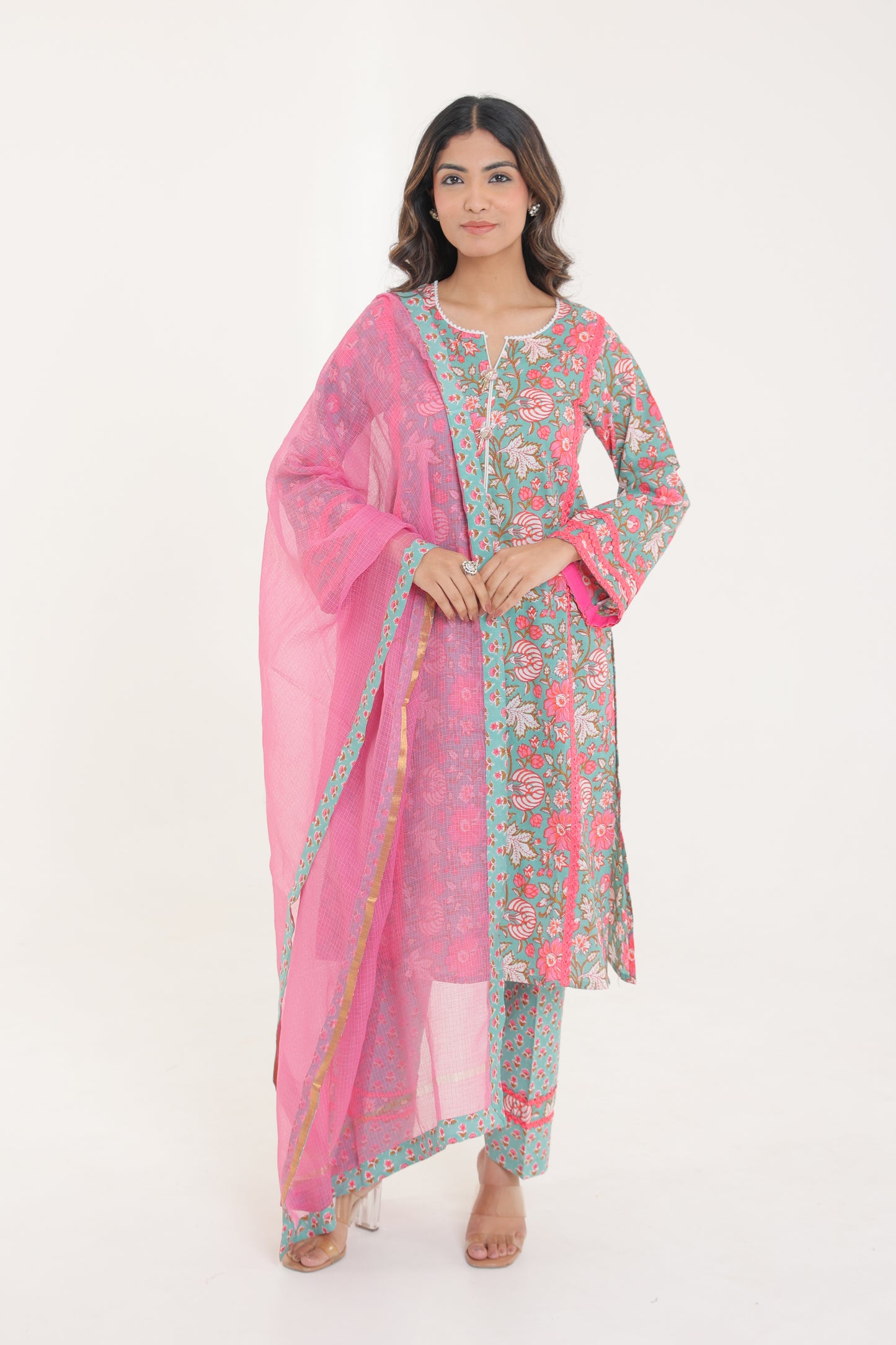 PURE COTTON FLORAL BUTA A-LINE LACE KURTA SET WITH DUPATTA
