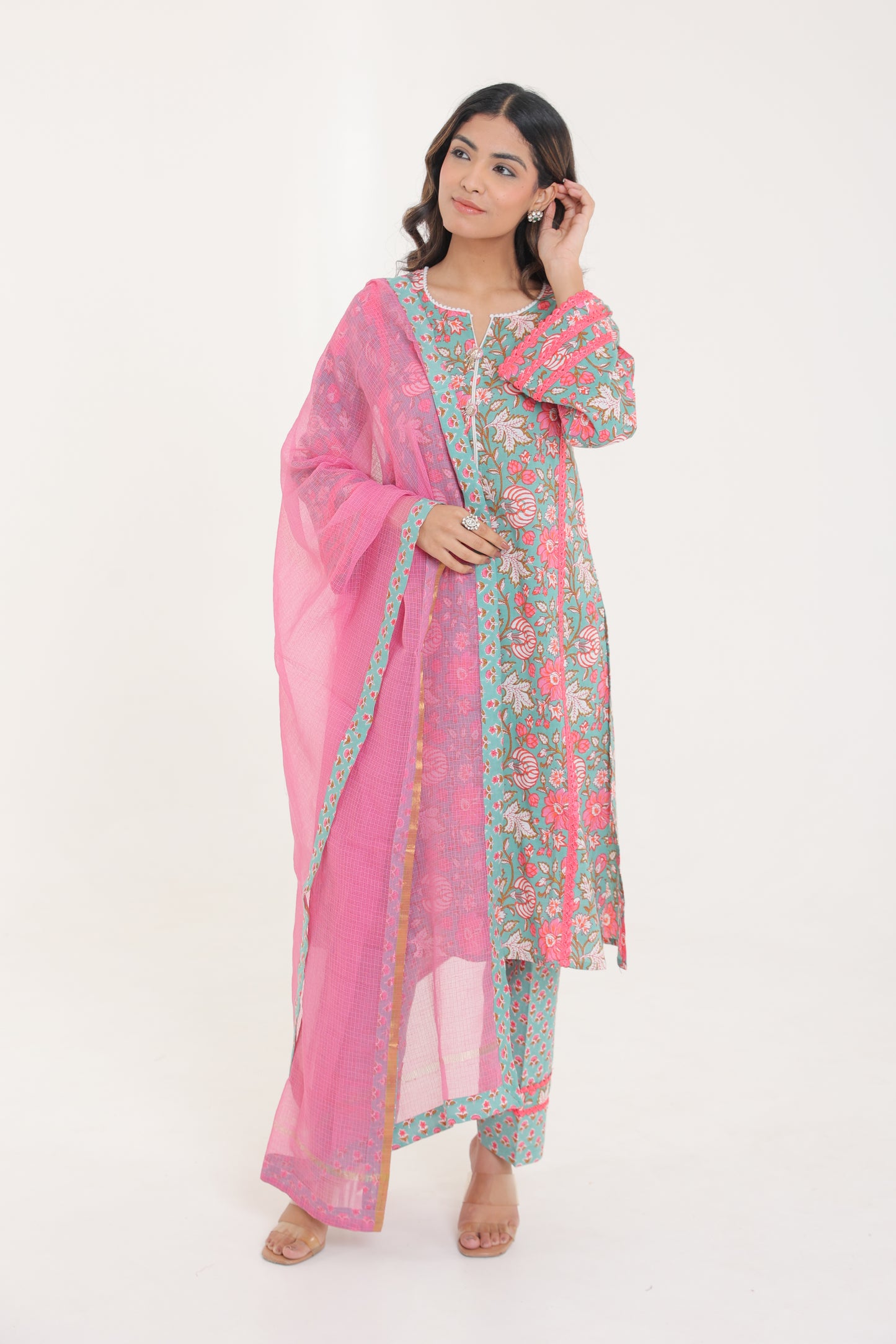 PURE COTTON FLORAL BUTA A-LINE LACE KURTA SET WITH DUPATTA