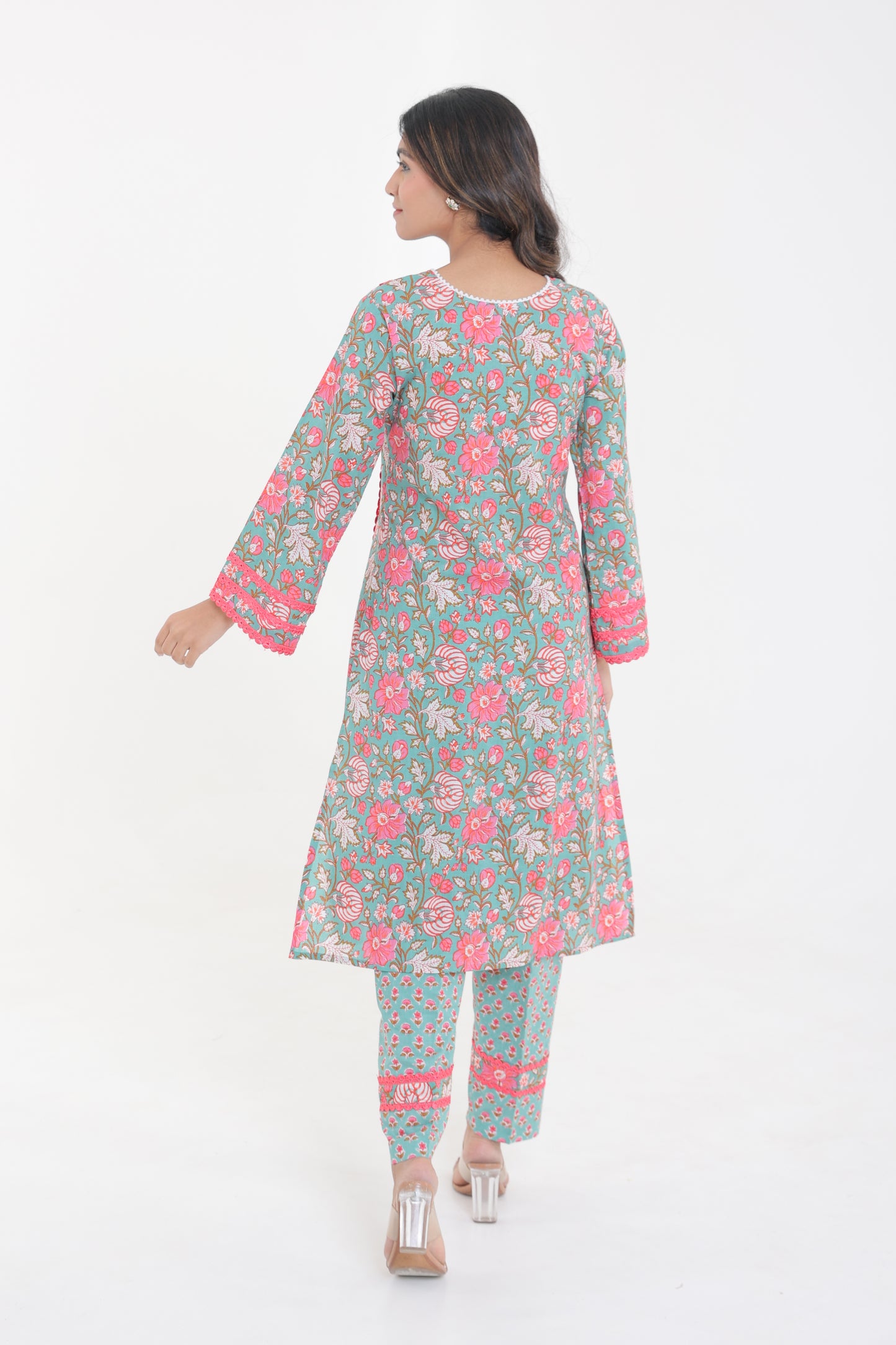 PURE COTTON FLORAL BUTA A-LINE LACE KURTA SET WITH DUPATTA