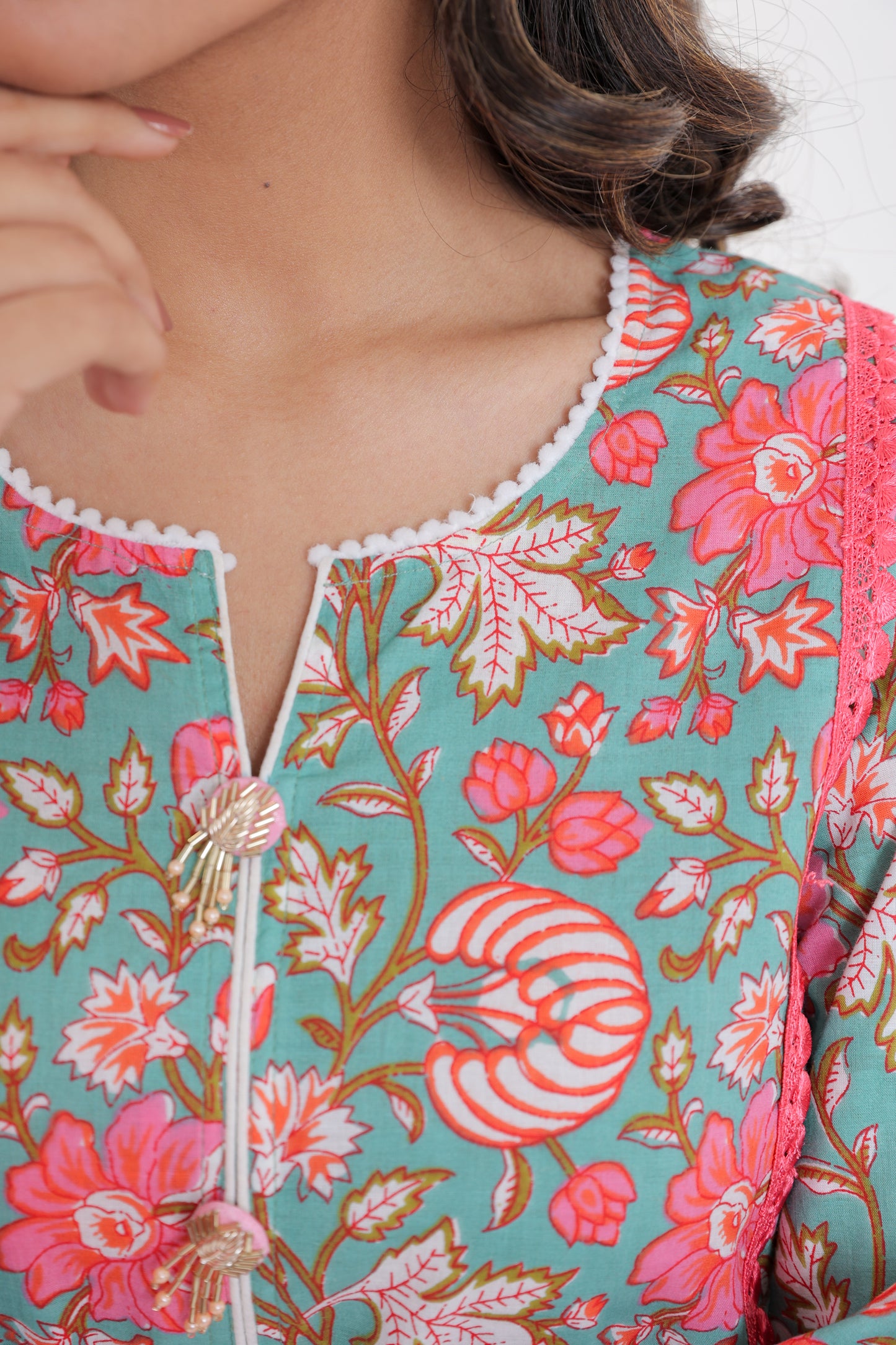 PURE COTTON FLORAL BUTA A-LINE LACE KURTA SET WITH DUPATTA