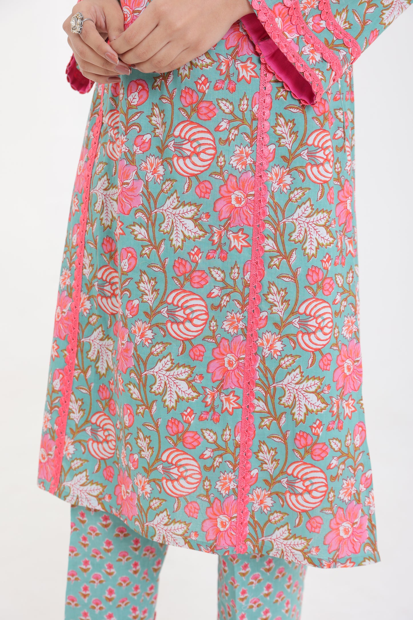 PURE COTTON FLORAL BUTA A-LINE LACE KURTA SET WITH DUPATTA